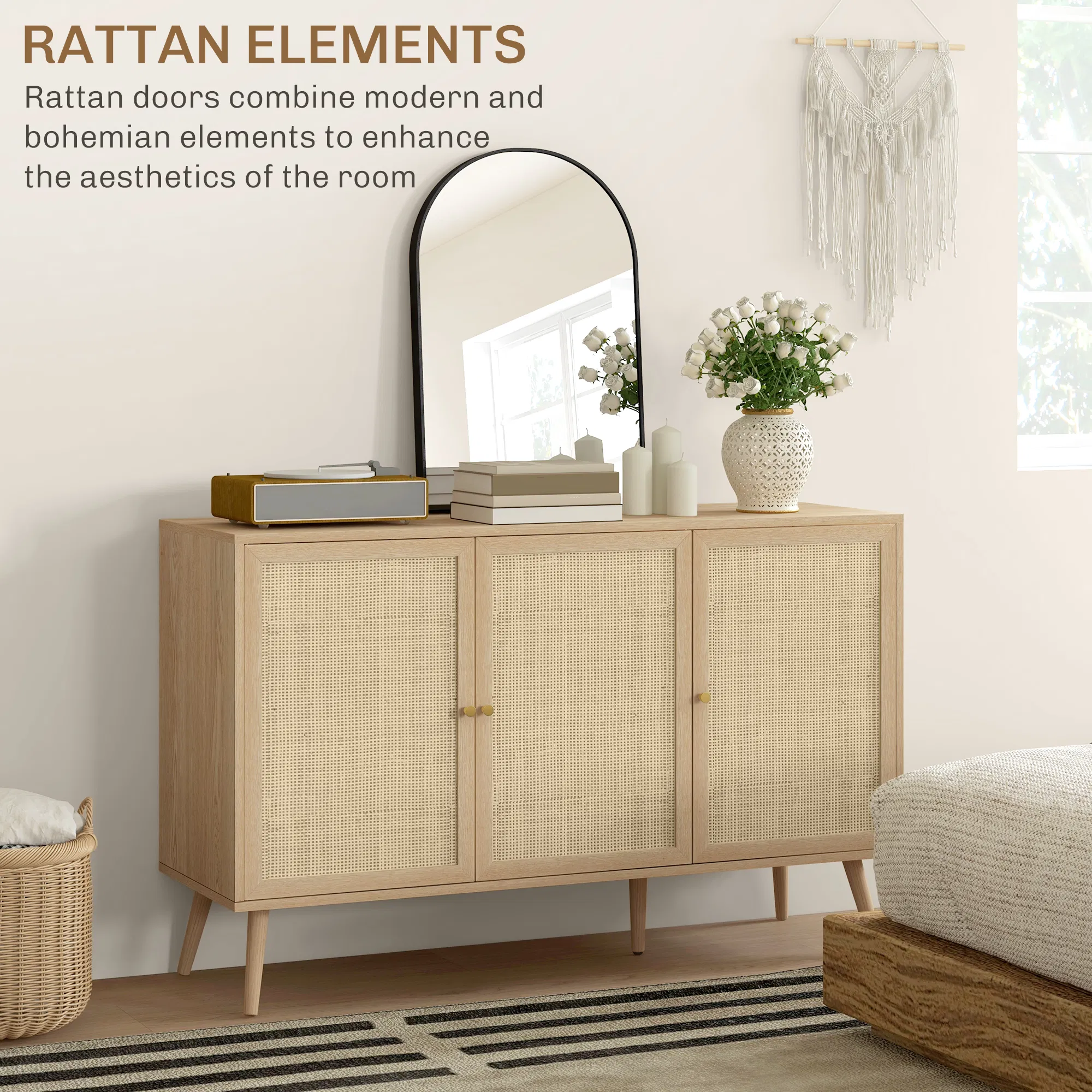 Kitchen Sideboard Cabinet, Boho Storage Cabinet with Shelves, Wood Legs, Decorative Rattan Doors, Natural photo 6