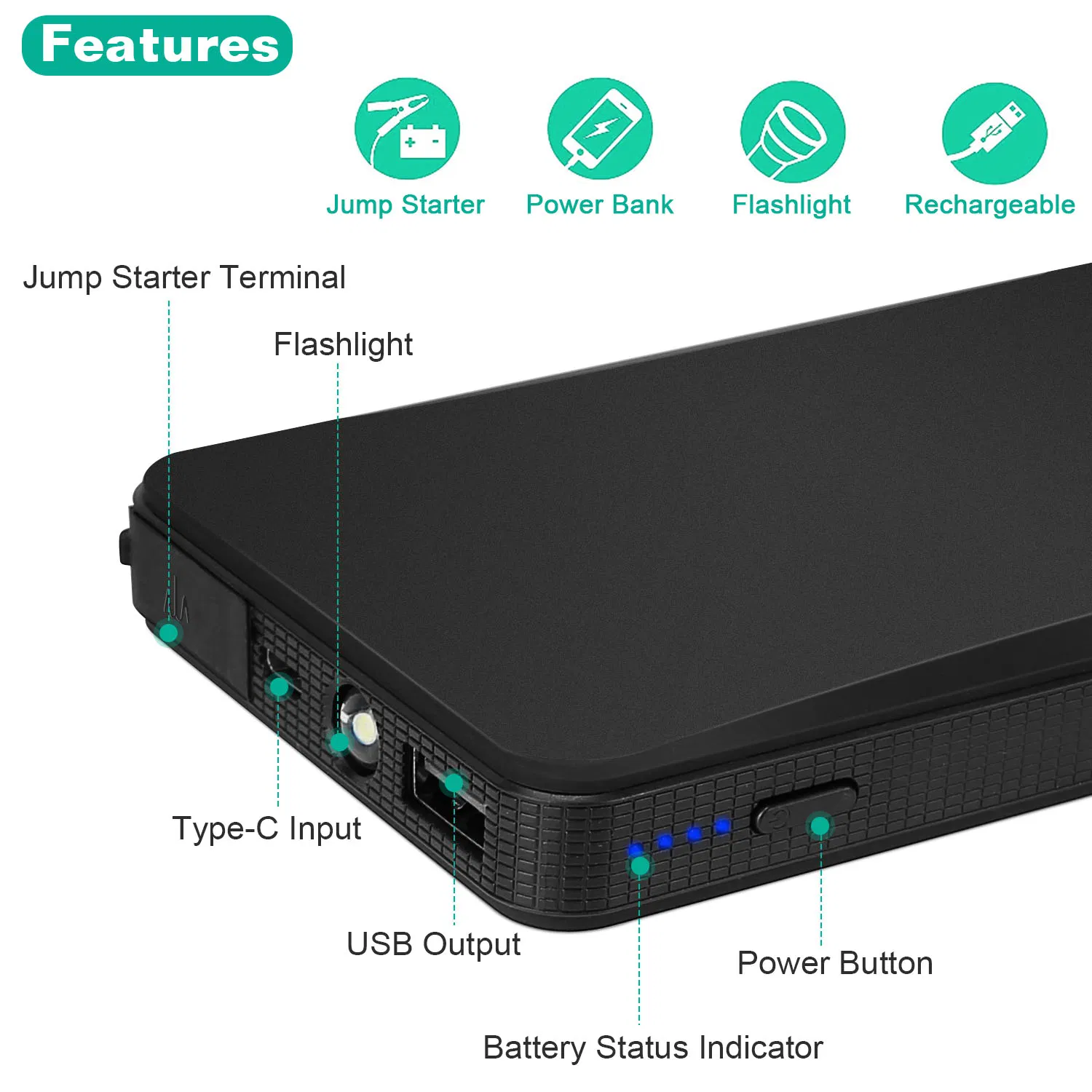 400A Peak Car Jump Starter 20000mAh - For Up to 2.0L Gas Vehicles, Portable USB 5V/2A Power Bank, 3-Mode Emergency Flashlight, Lightweight Ideal Daily Helper & Gift photo 7