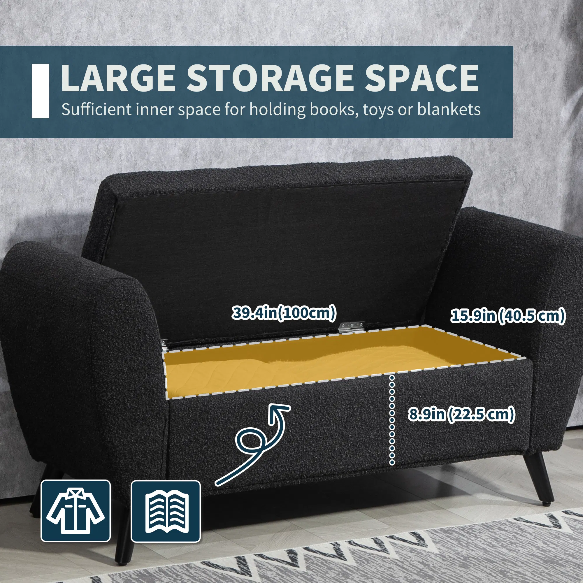 Upholstered Storage Bench with Arms, Modern Ottoman Bench for Bedroom, Entryway, and Living Room, Black photo 3
