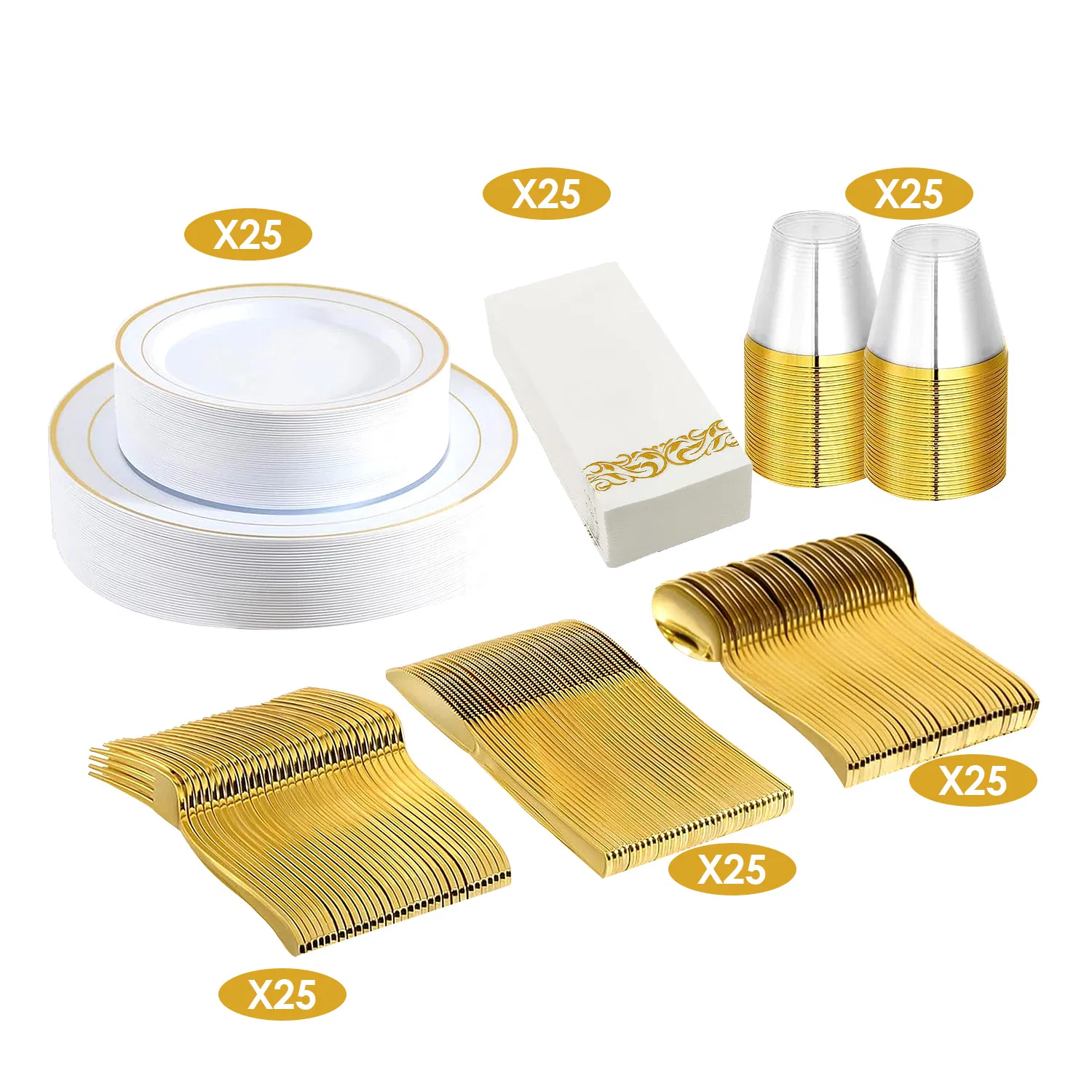 175PCS Disposable Gold Rim Dinnerware Set for 25 Guests - Premium Plastic Plates Cups Cutlery Napkins, Perfect for Wedding Birthday Halloween Christmas Catering Events photo 4