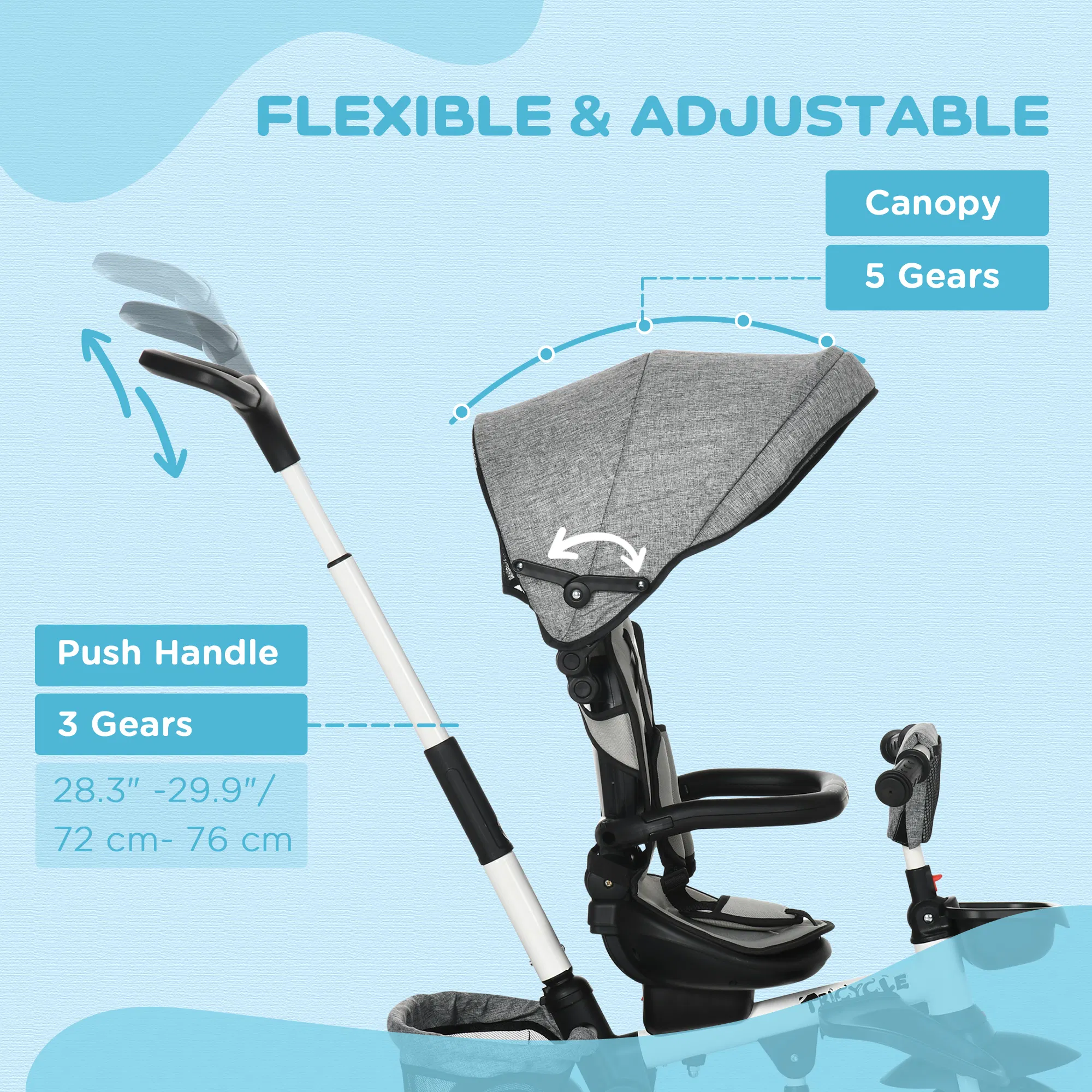6-in-1 Toddler Tricycle for 12-50 Months, Foldable Kids Trike with Adjustable Seat and Push Handle, Safety Harness, Removable Canopy, Footrest, Grey photo 5