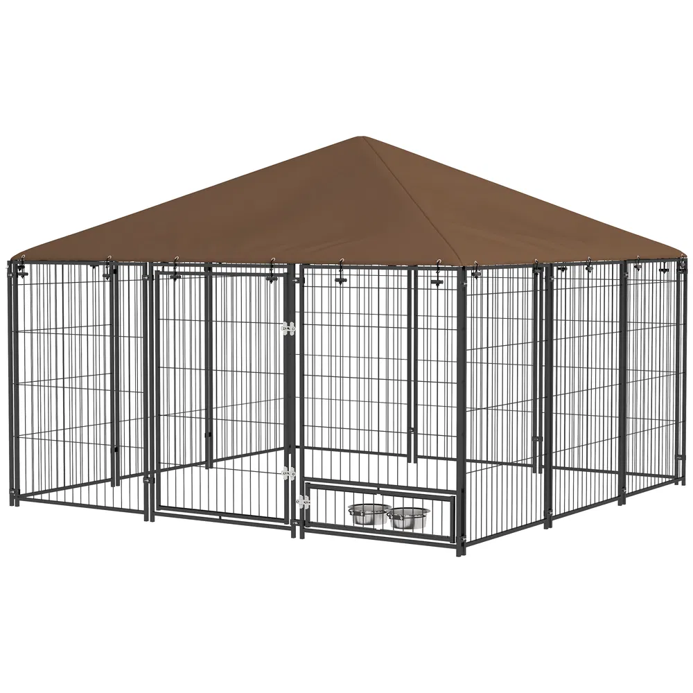 6.9' x 6.9' x 5' Outdoor Dog Kennel with Canopy, Rotating Bowls, Coffee photo 7