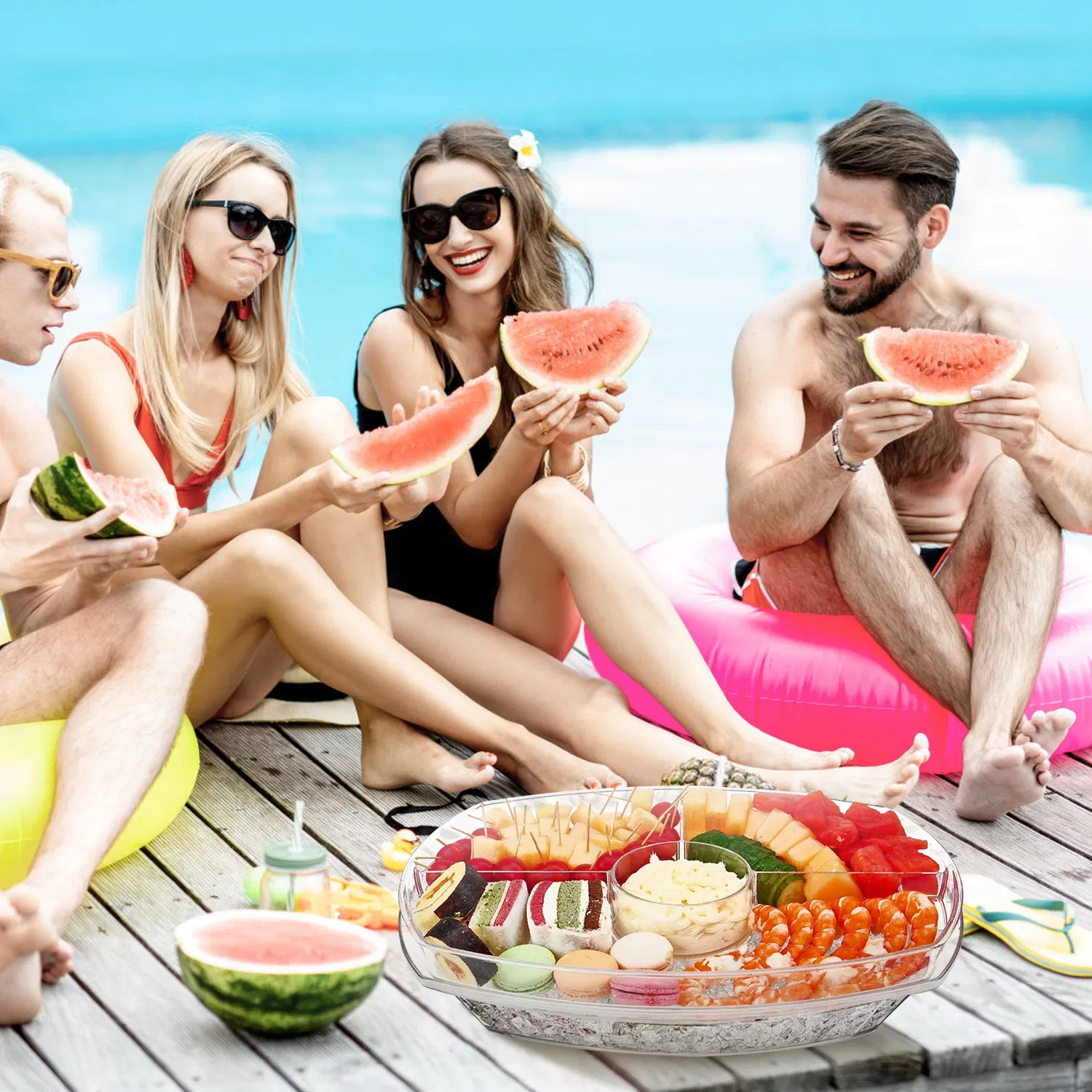 Fruit Ice Serving Tray Chilled Veggie Tray Shrimp Cocktail Serving Dish Appetizer Party Serving Platter Cold Food Buffet Server with Lid and 4 Compartments 3 Tongs 10 Sporks photo 4