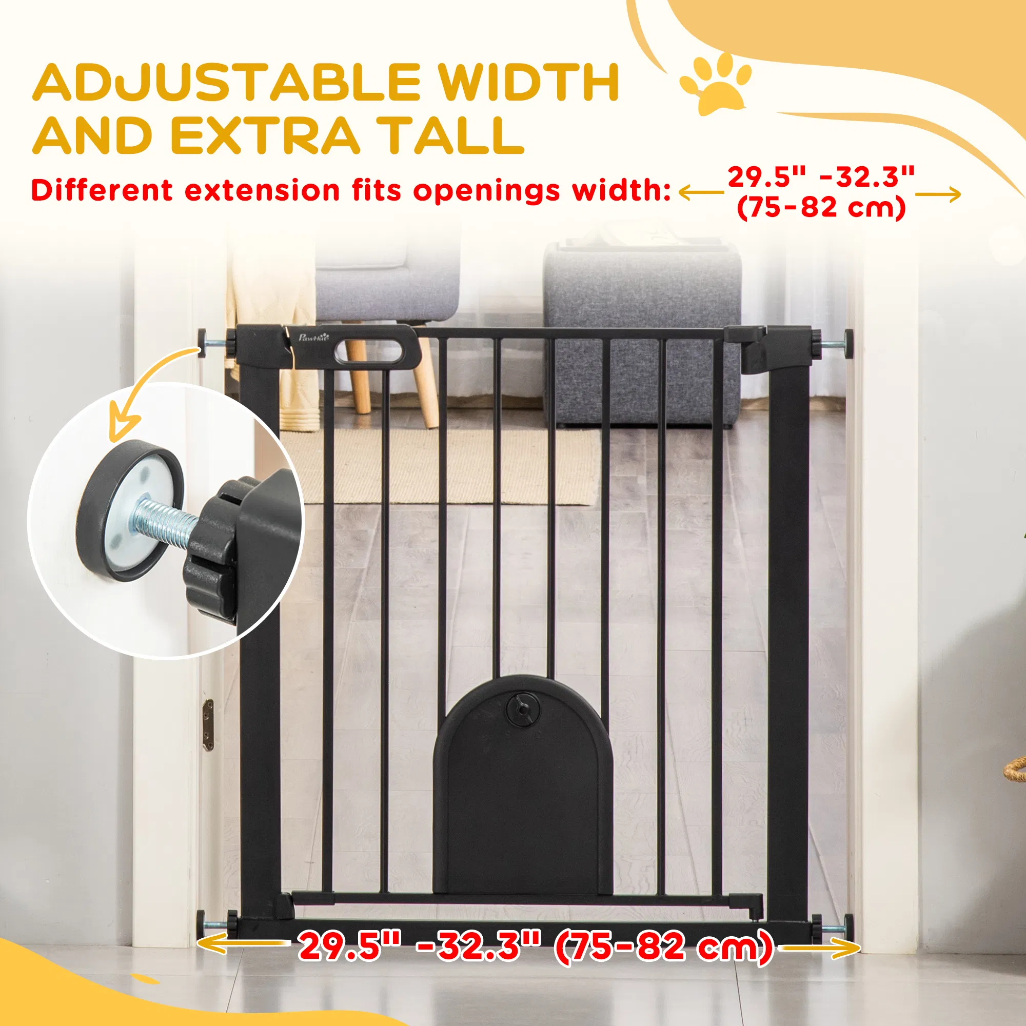 30"-32" Extra Wide Pet Gate Barrier with Small Door, 30"H Dog Gate with Safety Gate Barrier, Stair Pressure Fit, Black photo 3