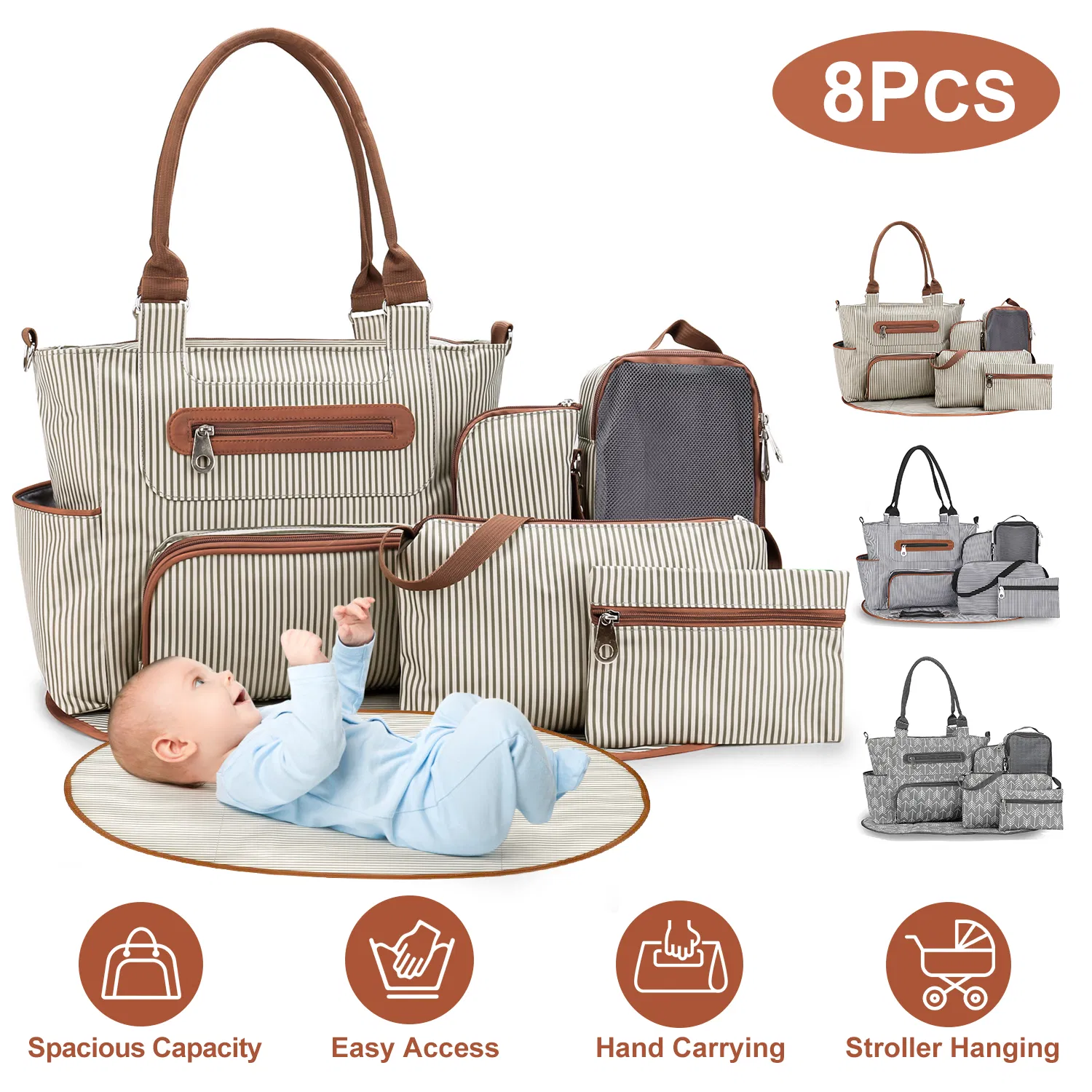 8PCS Baby Diaper Bag Set - Spacious 12-Pocket Design with Bottle Bag, Diaper Pad & Burp Cloths - 2 Carrying Ways, Wide Opening for Easy Access - Ideal for Parents photo 3