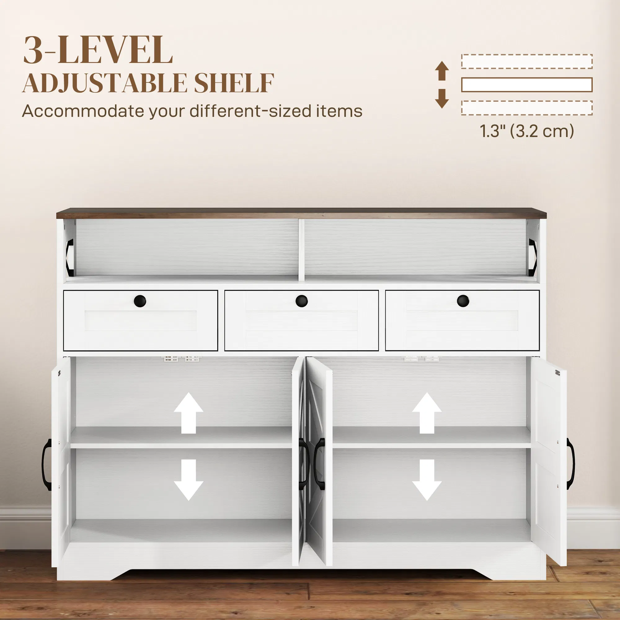 Sideboard, Buffet Cabinet with 4 Barn Doors and 3 Drawers, Coffee Bar Cabinet with Adjustable Shelves, White photo 5