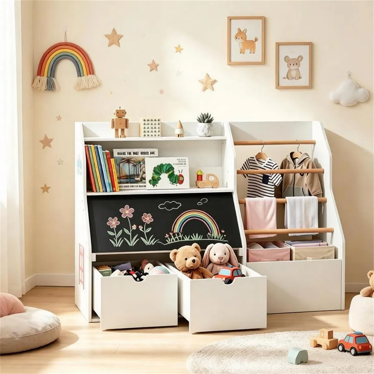 Kids Toy Storage Organizer with Flip Chalkboard, Rolling Drawers & Hanging Rods, Rounded Edge Toddler Bookshelf Engineered Wood Playroom Cabinet for Children 3+ Years Old photo 5