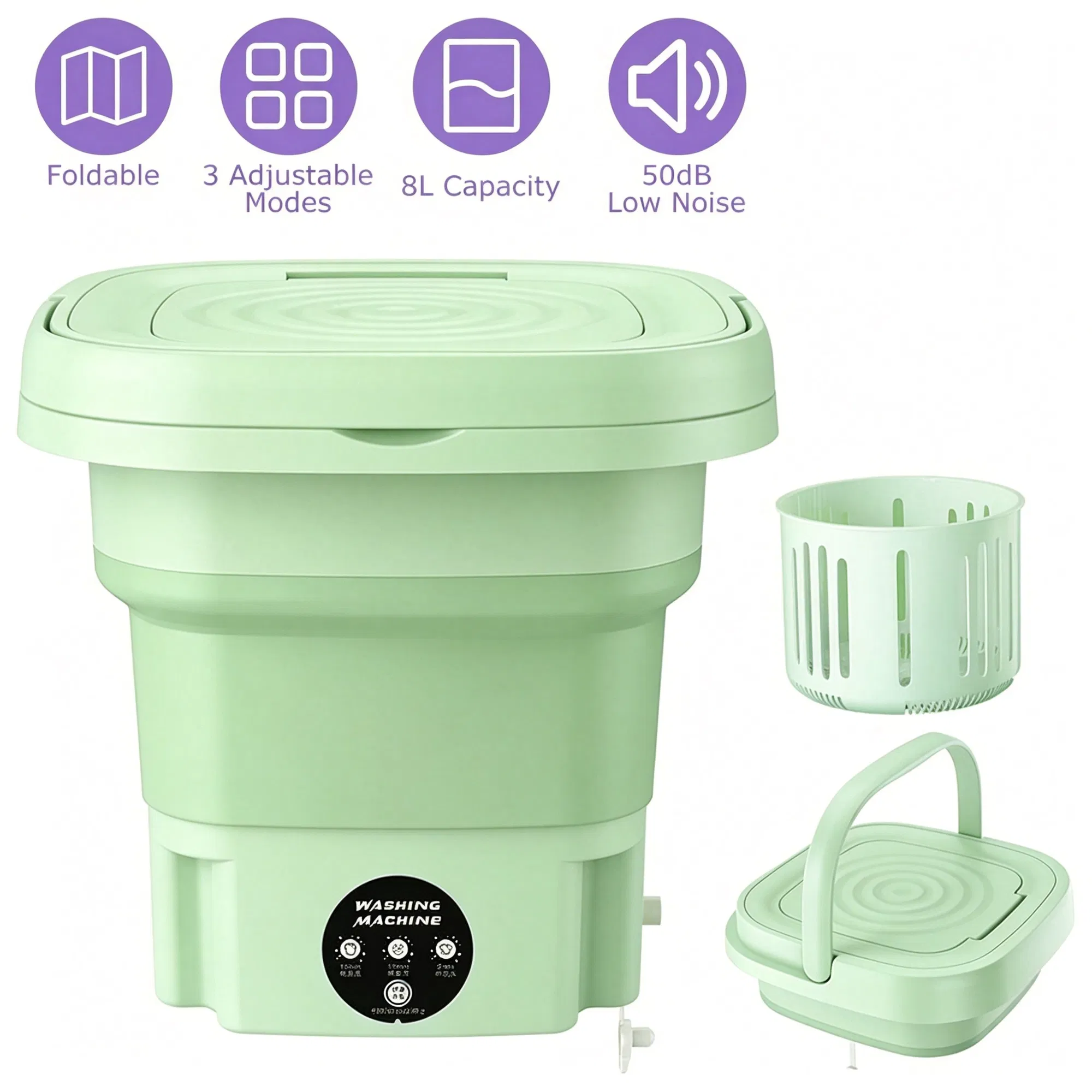 8L Foldable Mini Washing Machine,Portable Compact Washer with 3 Adjustable Modes,Semi-Dehydration,Detachable Drain Basket for Socks,Underwear,Baby Garments Home Travel Use photo 2