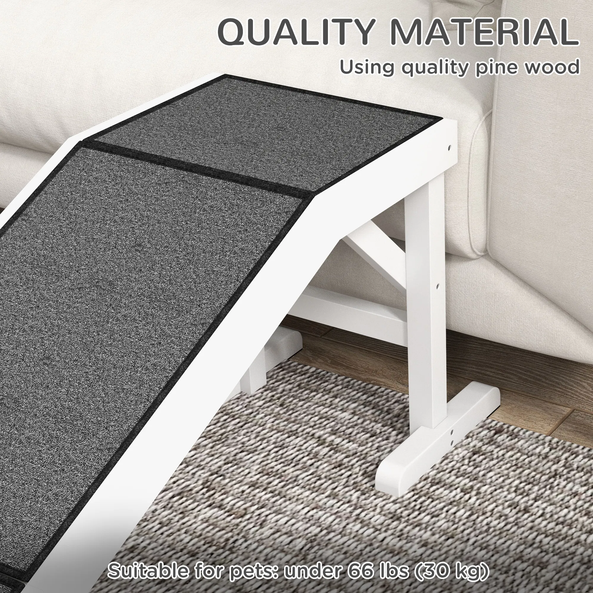 Pet Ramp Bed Steps for Dogs Cats Non-slip Carpet Top Platform Pine Wood 59"L x 16"W x 20"H White photo 2