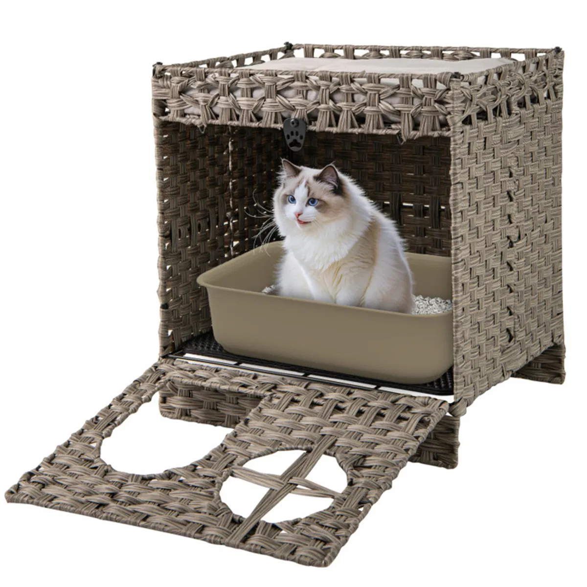2-Tier Wicker Cat Condo with Litter Mat - Hidden Litter Box Enclosure, Detachable Washable Cushion, Gray Rattan photo 4