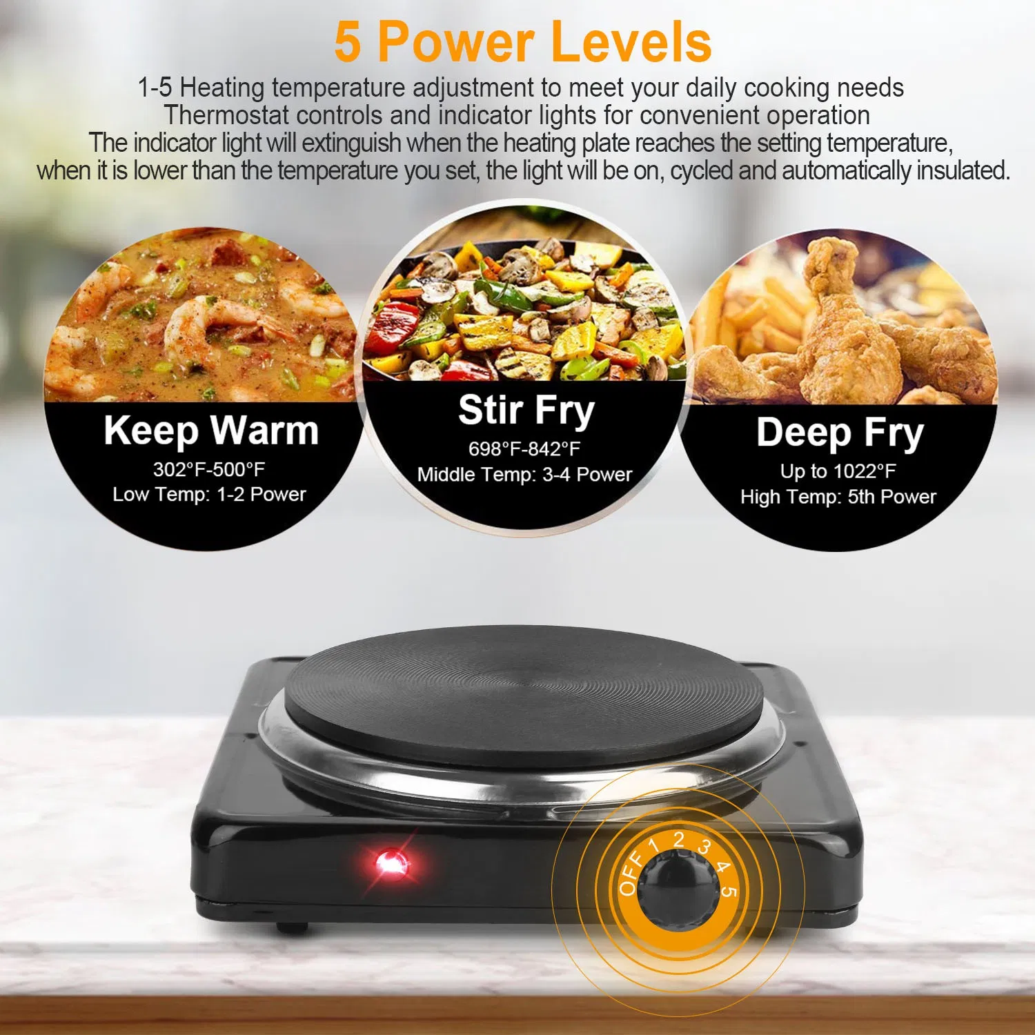 1500W Electric Single Burner Portable Heating Hot Plate Stove Countertop RV Hotplate with Non Slip Rubber Feet 5 Temperature Adjustments photo 8