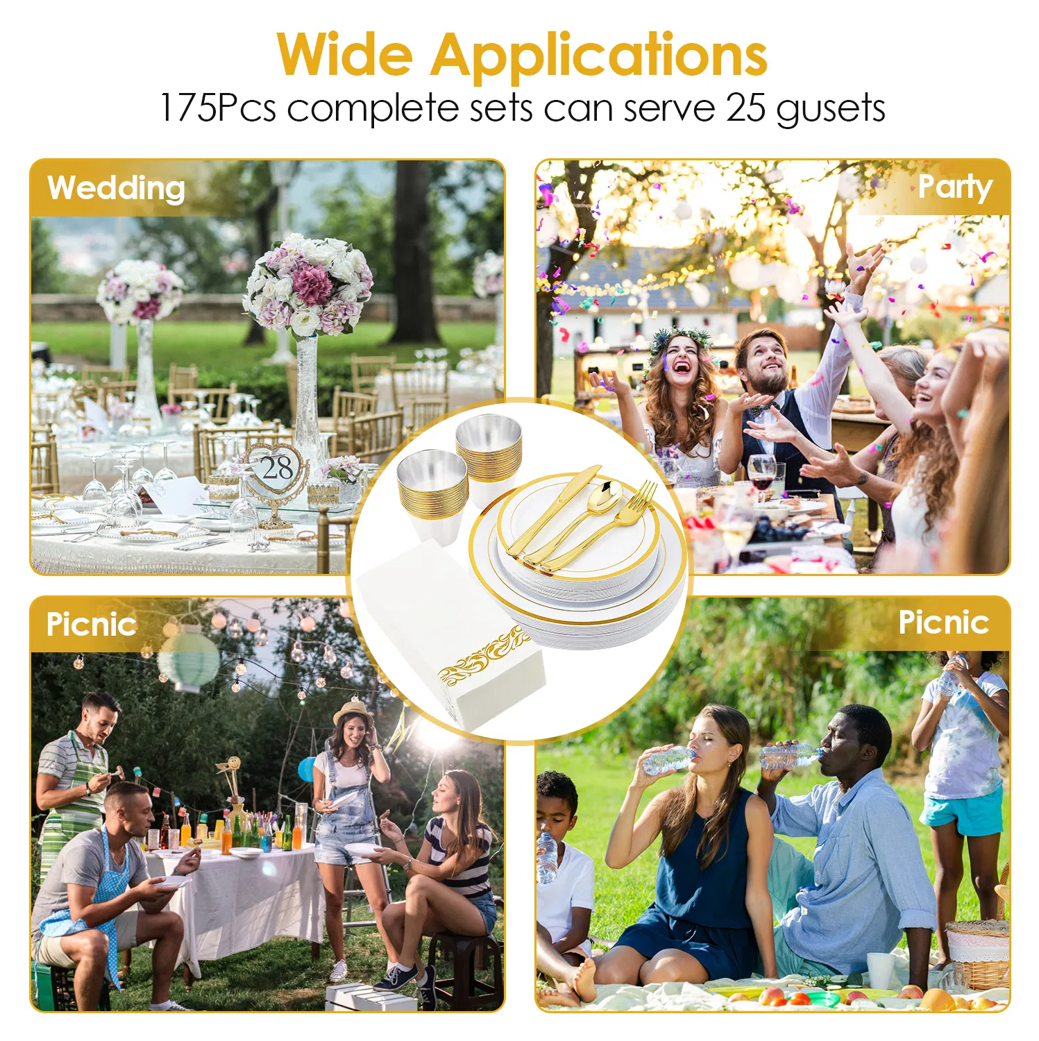 175PCS Disposable Gold Rim Dinnerware Set for 25 Guests - Premium Plastic Plates Cups Cutlery Napkins, Perfect for Wedding Birthday Halloween Christmas Catering Events photo 6