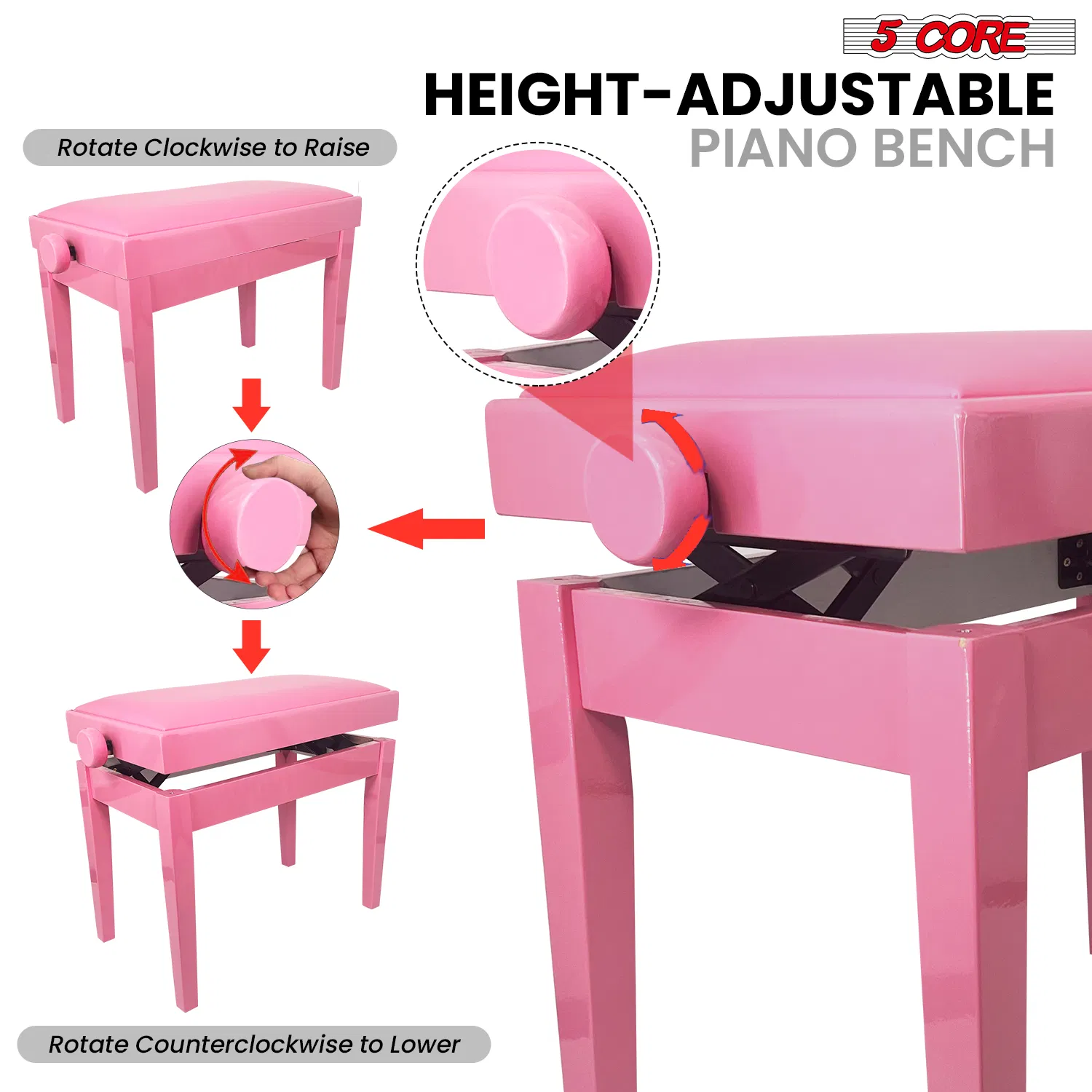 5 Core Adjustable Piano Bench Thick 3.25" Solid Wood Keyboard Stool Heavy Duty Musician Chair photo 4