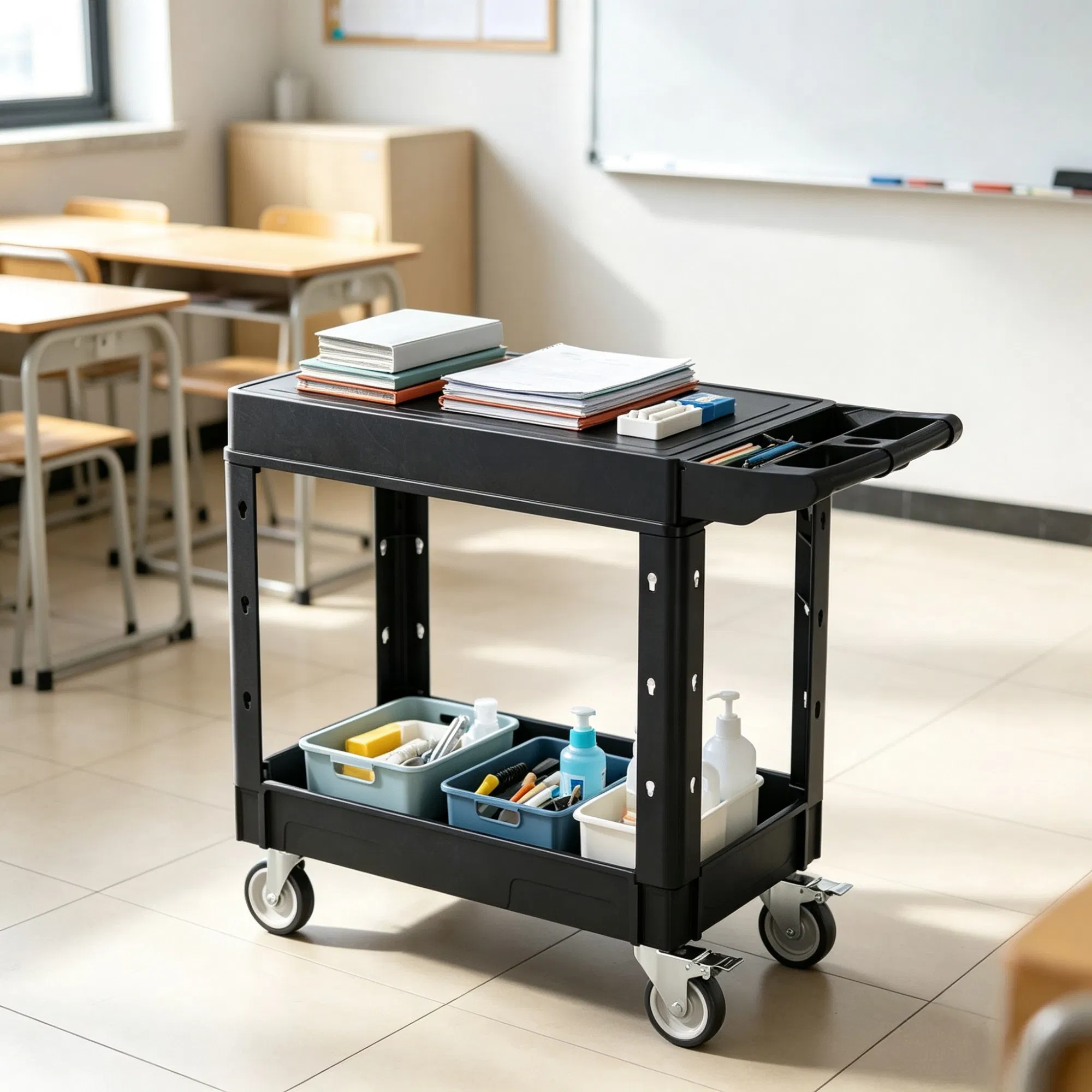 550 lbs Utility Cart, 31.3 x 17.7 Inch 2-Shelf Heavy Duty Plastic Service Cart with 360 Swivel Wheels (2 with Brakes), Suitable for Warehouse, Garage & Cleaning photo 4