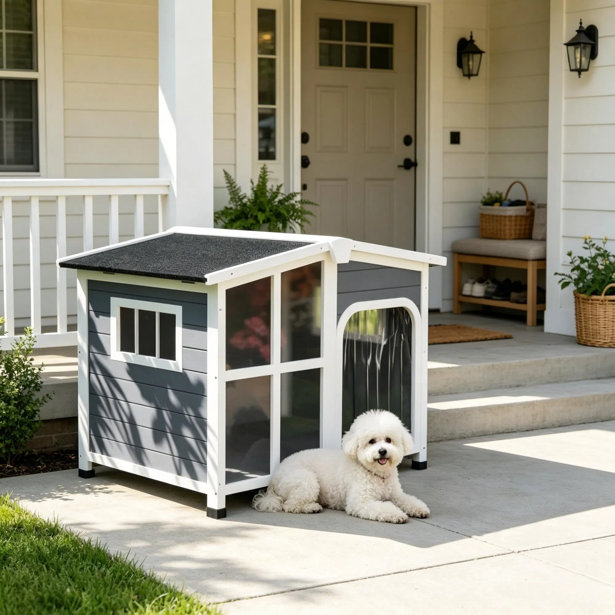 Large Dog House Cabin-Style Wooden Pet Shelter with Openable Roof And Giant Window Gray photo 3