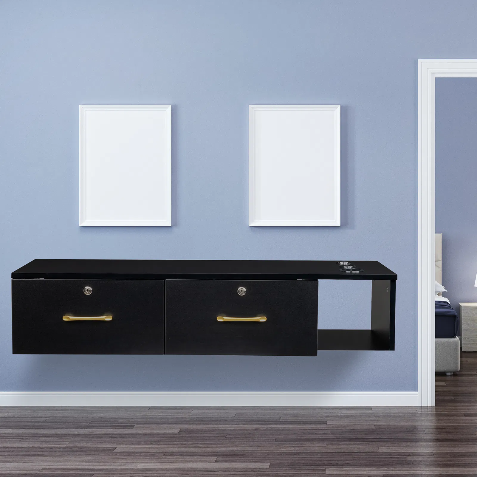 15cm E0 particleboard with hemp surface, two draws and three holes with lock, salon cabinet, black photo 8