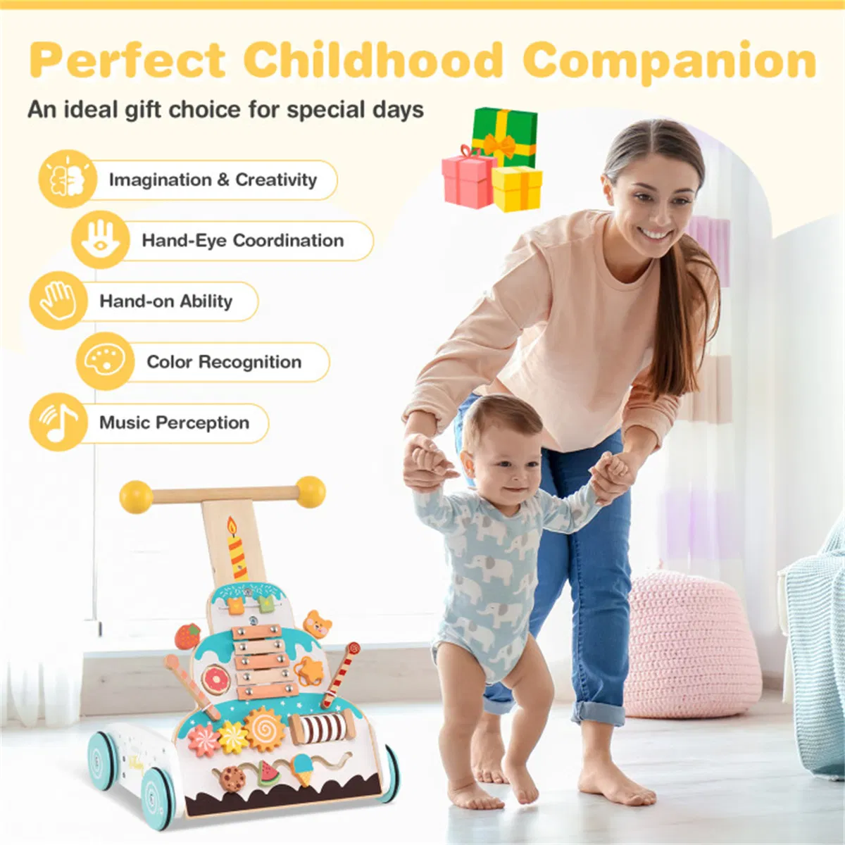 Wooden Baby Walker with 3-Position Adjustable Heights and Smooth Wheels photo 8