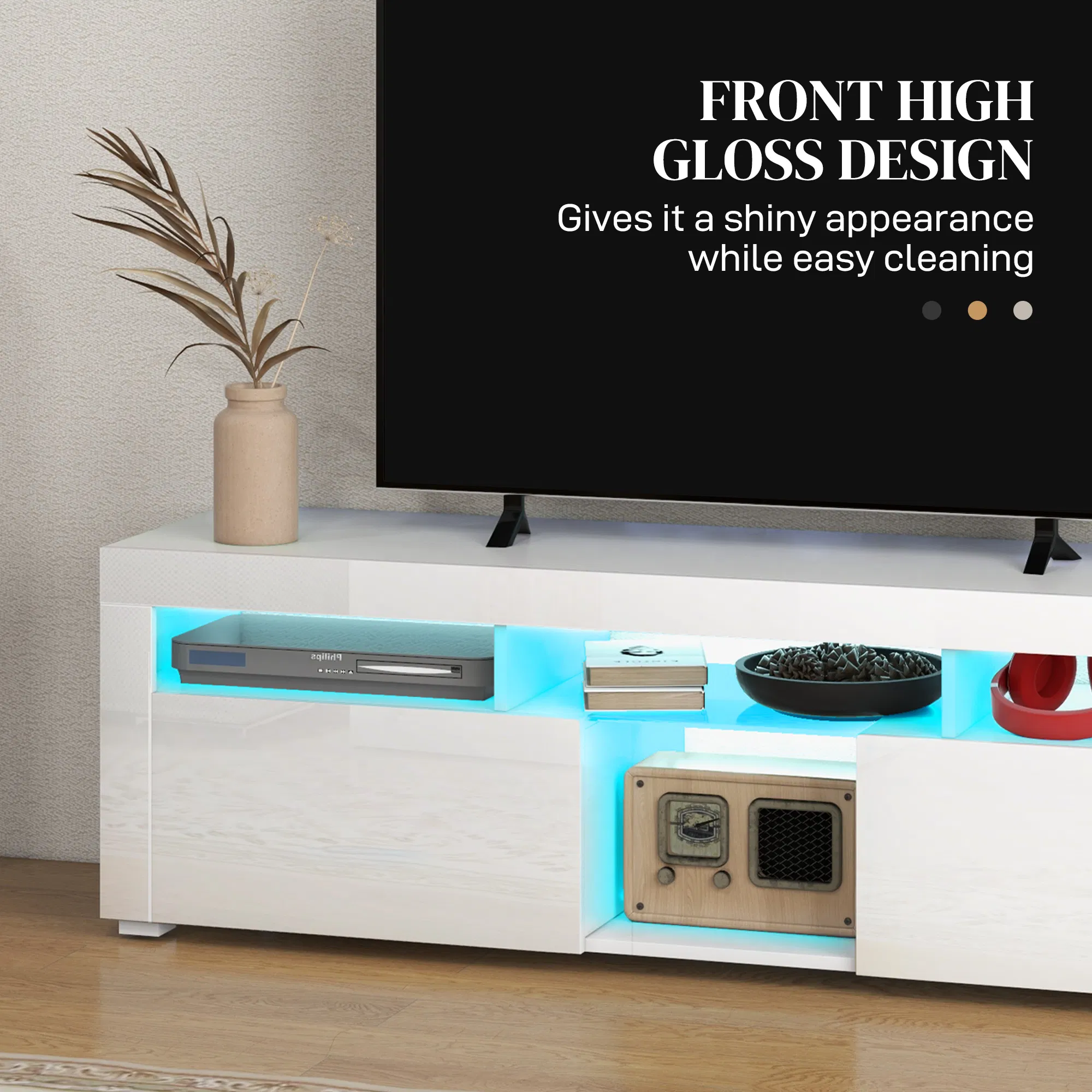 Modern TV Stand with Storage and LED Lights for TVs up to 55", TV Cabinet with Open Compartments, High Gloss White photo 4