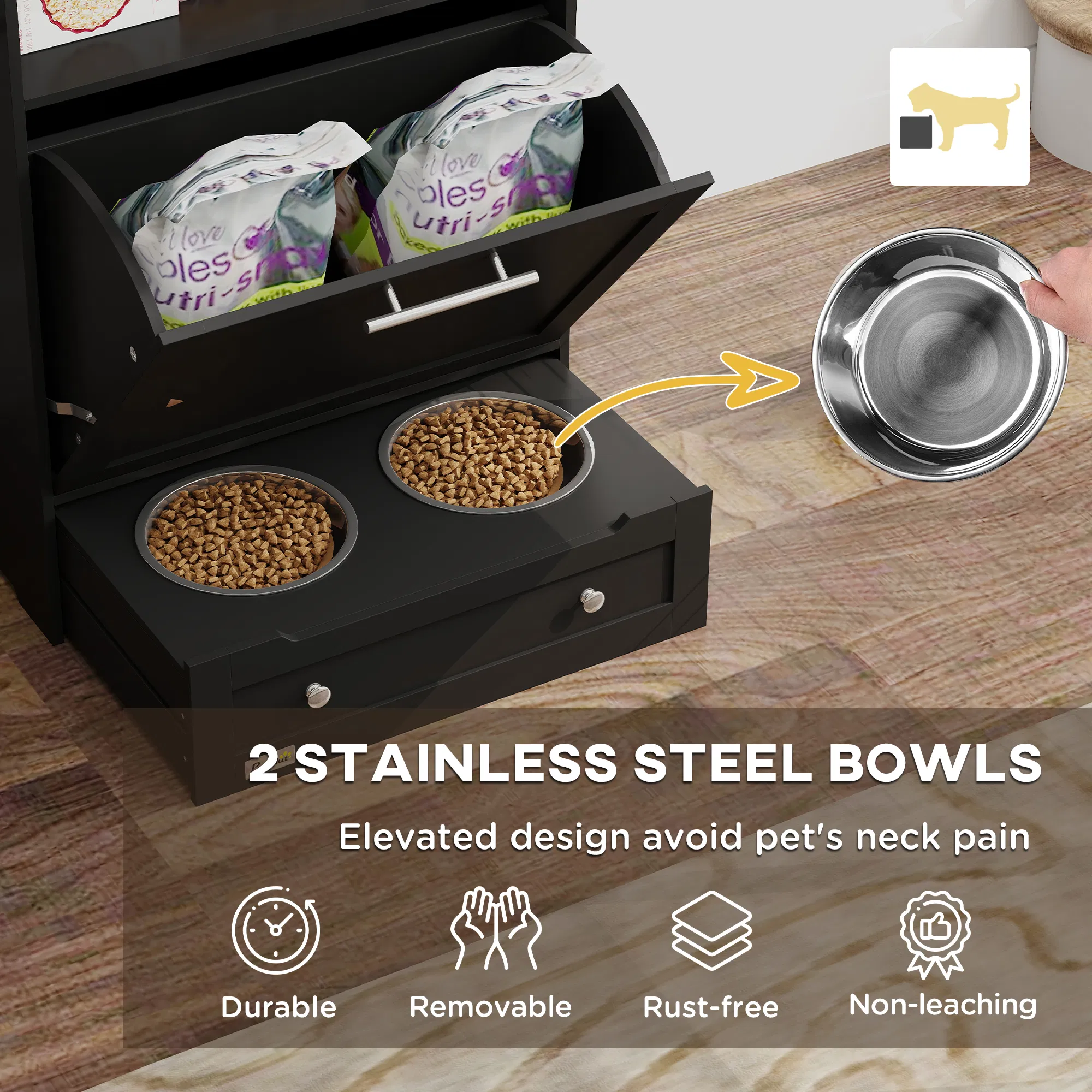 Pet Feeder Station Storage Cabinet, Dog Food Storage Container with Dog Raised Bowls, Watering Supplies, Black photo 2