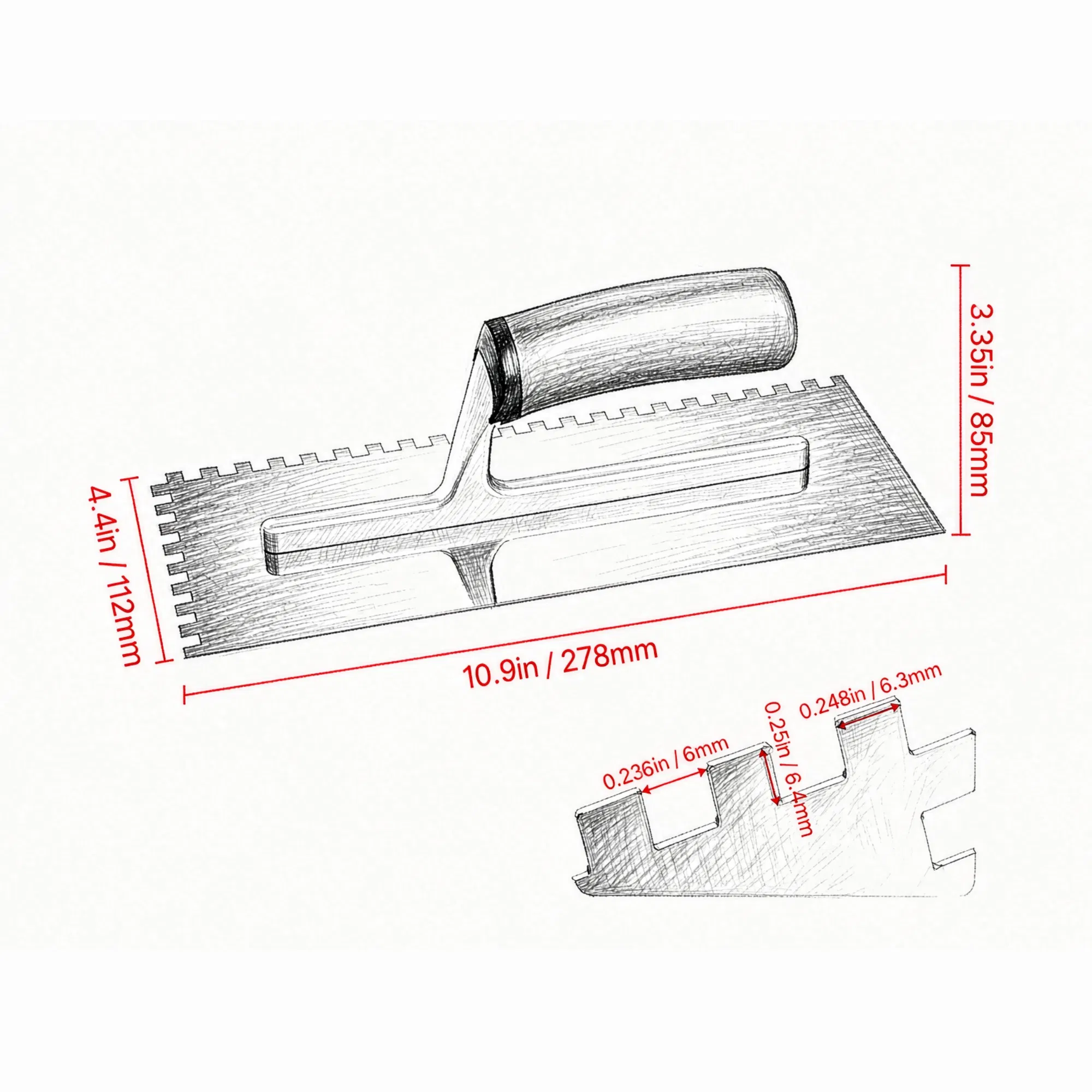 Stainless Steel Squared Notch Tile Trowel 10.9 x 4.4 in, Pro Grade Flooring Trowel with Ergonomic Rubber Grip for Apply Spread & Smooth photo 3