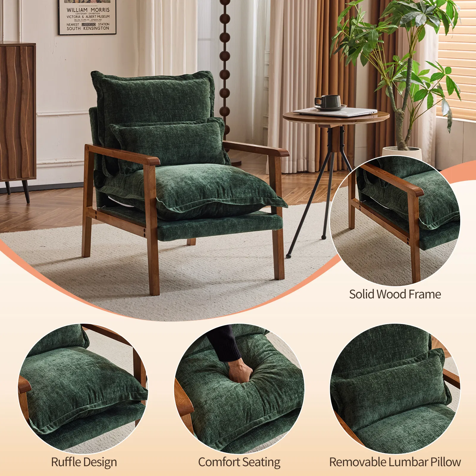 Cloud Shaped Indoor Leisure Chair with Solid Wood Armrest & Solid Wood Frame, Chenille Fabric Accent Chair with Lumbar Pillow, Single Sofa Chair Dark Green photo 7