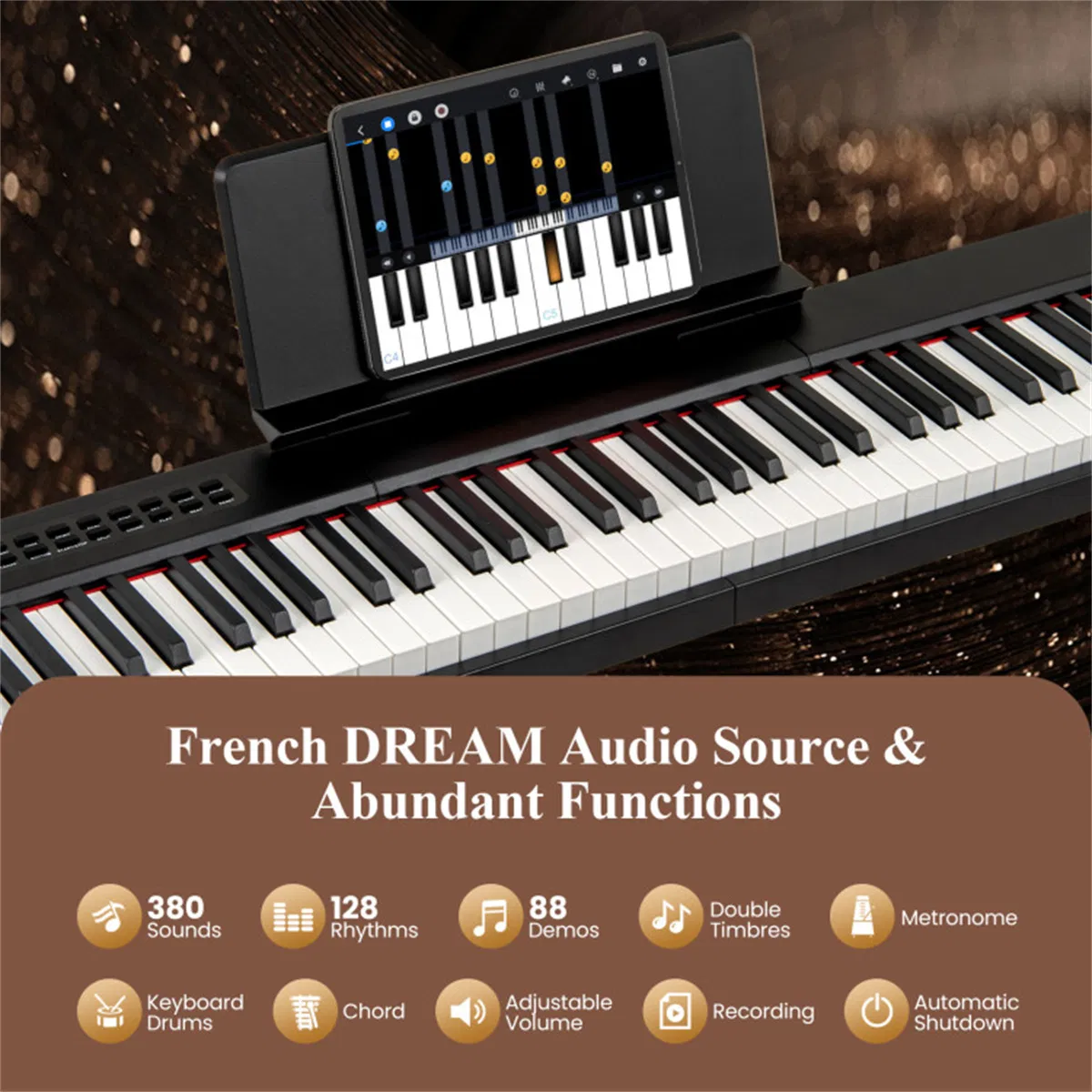 88-Key Velocity-Sensitive Digital Piano, 124.46×24.13×6.35 cm French DREAM Audio Source Keyboard with Split Function for Duet Playing, Black photo 7