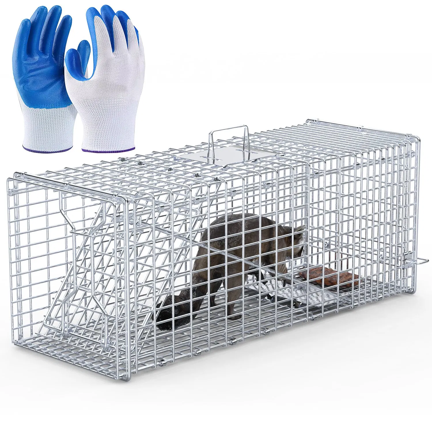 Heavy-Duty Live Animal Trap - 37x14x15 Inch Galvanized Mesh, Sensitive Pedal Trigger & Rear Release Door, Guarded Handle, Foldable Design for Raccoons, Armadillos, Small Dogs Under 55 lbs photo 4