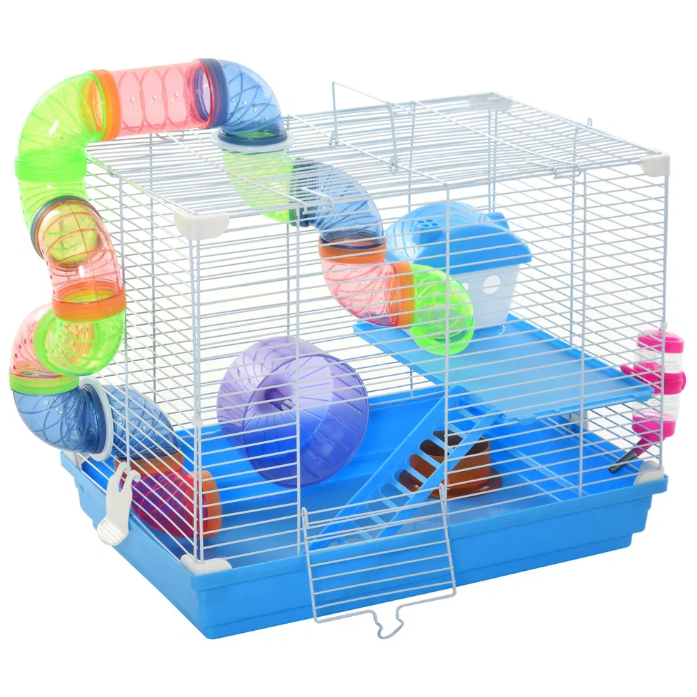 18"L Hamster Cage, Small Animal House, 2-Level Rat Gerbil Haven with Tunnel Tube System, Exercise Wheel, Water Bottle, Food Dish, Ramp, Blue photo 7