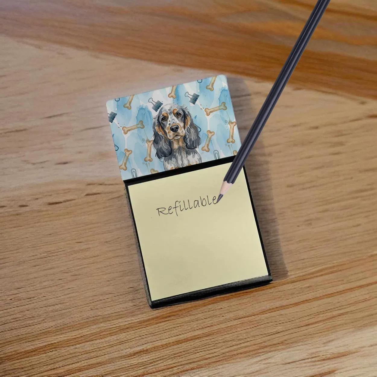 Blue Roan & Tan English Cocker Spaniel Coworker Watercolor Sticky Note Holder Refillable Dispenser Desk Accessory 3x3 Pad Gift photo 4