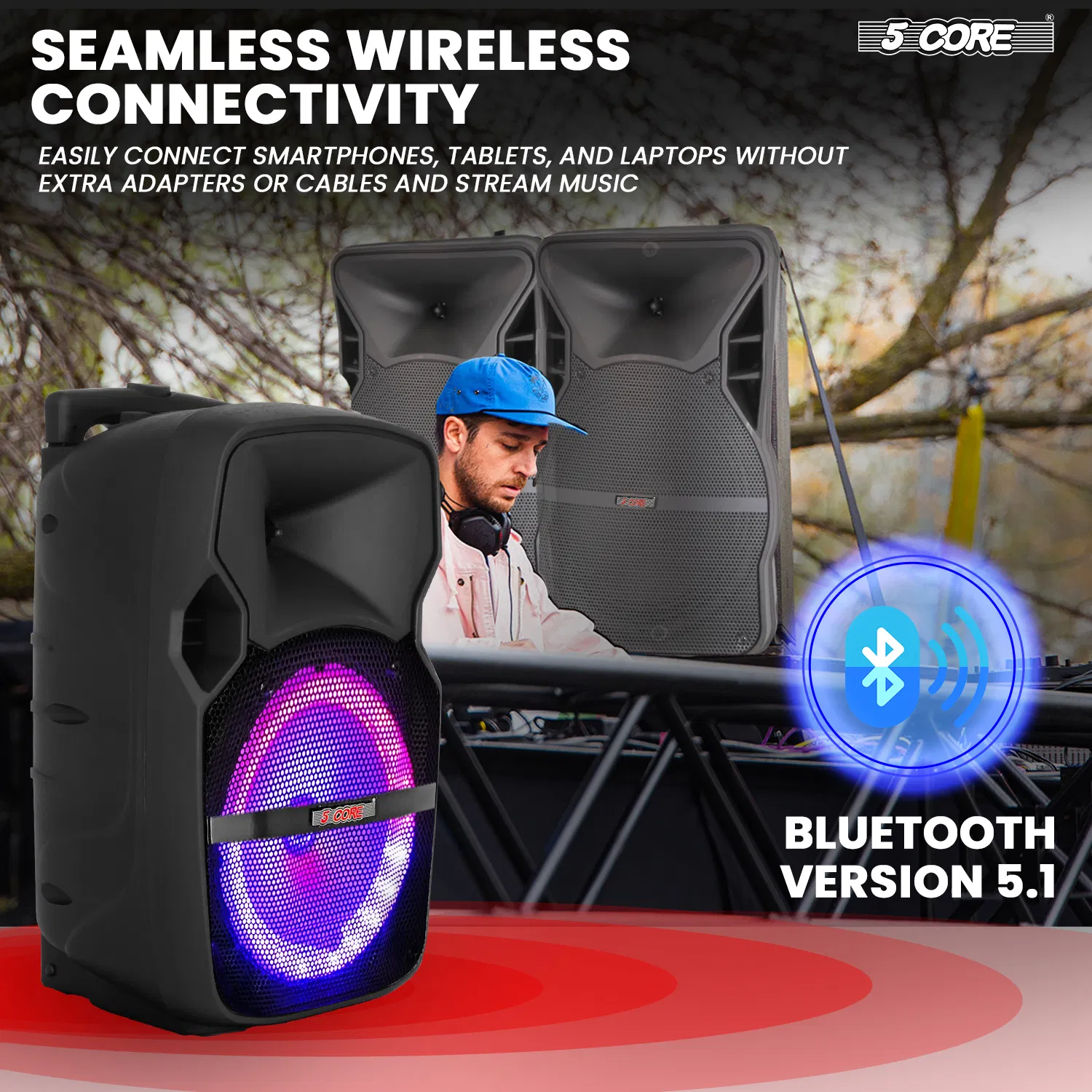 5 Core Party Speaker w Microphone 400W Big Rechargeable Bluetooth Loud PA DJ Karaoke System w Stand photo 3