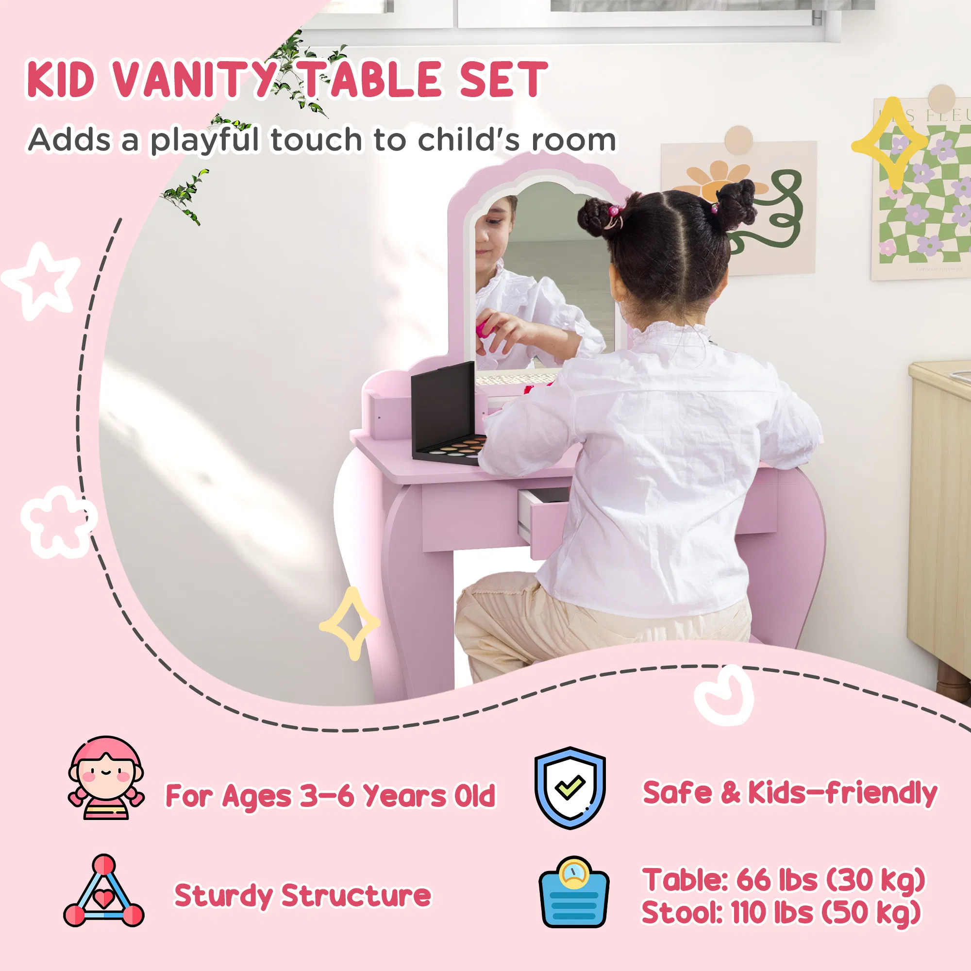 Makeup Vanity with Mirror and Stool, Cloud Design, Drawer, Storage Boxes, for 3-6 Years Old, Pink photo 4