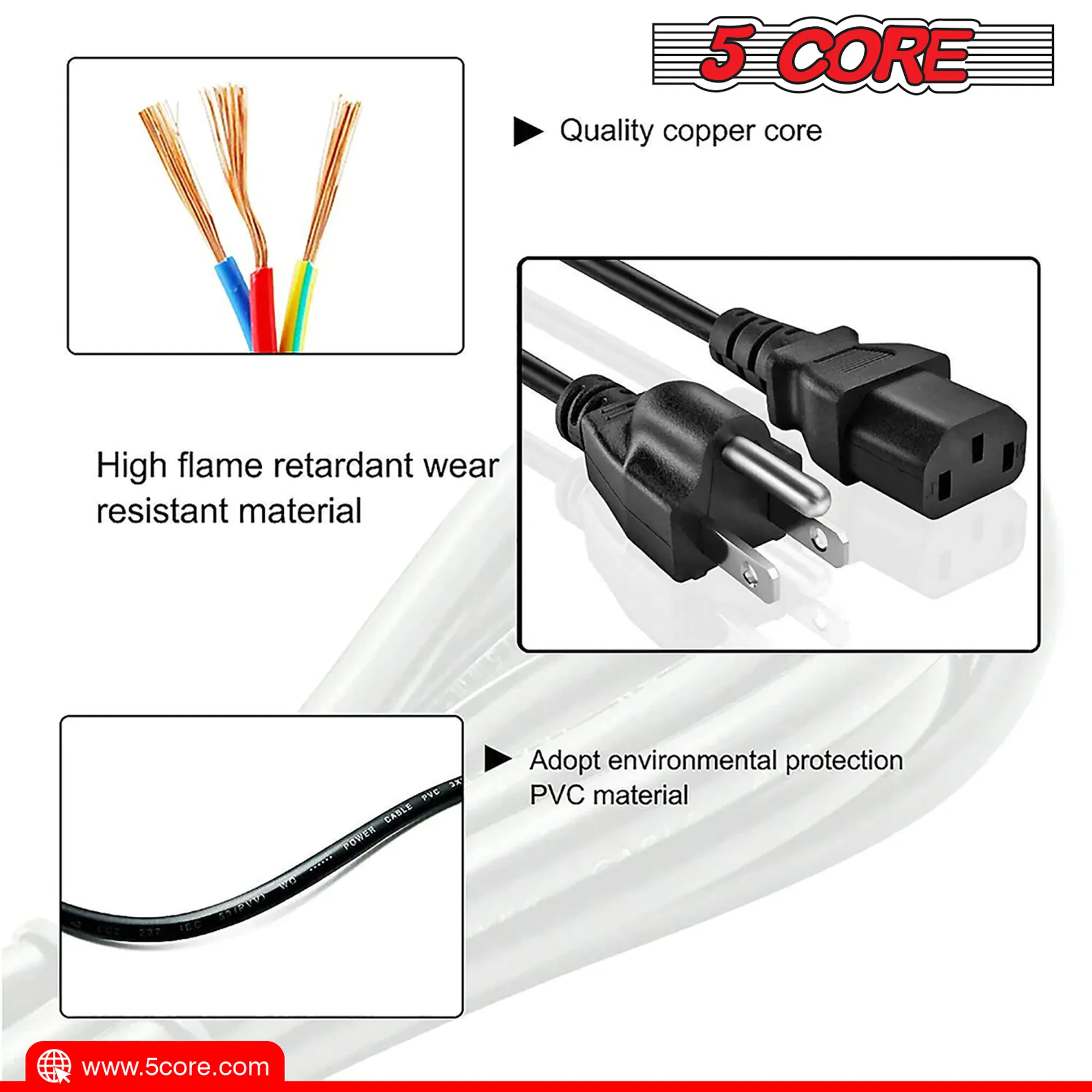 5 Core AC Power Extension Cord 10Ft 3 Prong Adapter 16AWG/2C 125V 13A US Polarized Male to Female - PC 1002 photo 3