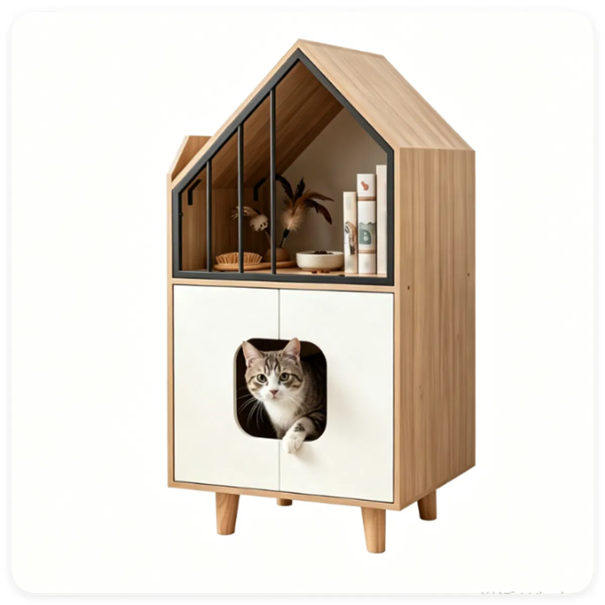 Natural & White Hidden Cat Litter Box Furniture, Elevated Cat Lounge Top Enclosed Cat Washroom Cabinet with Raised Legs for Living Room Bedroom Apartment photo 2