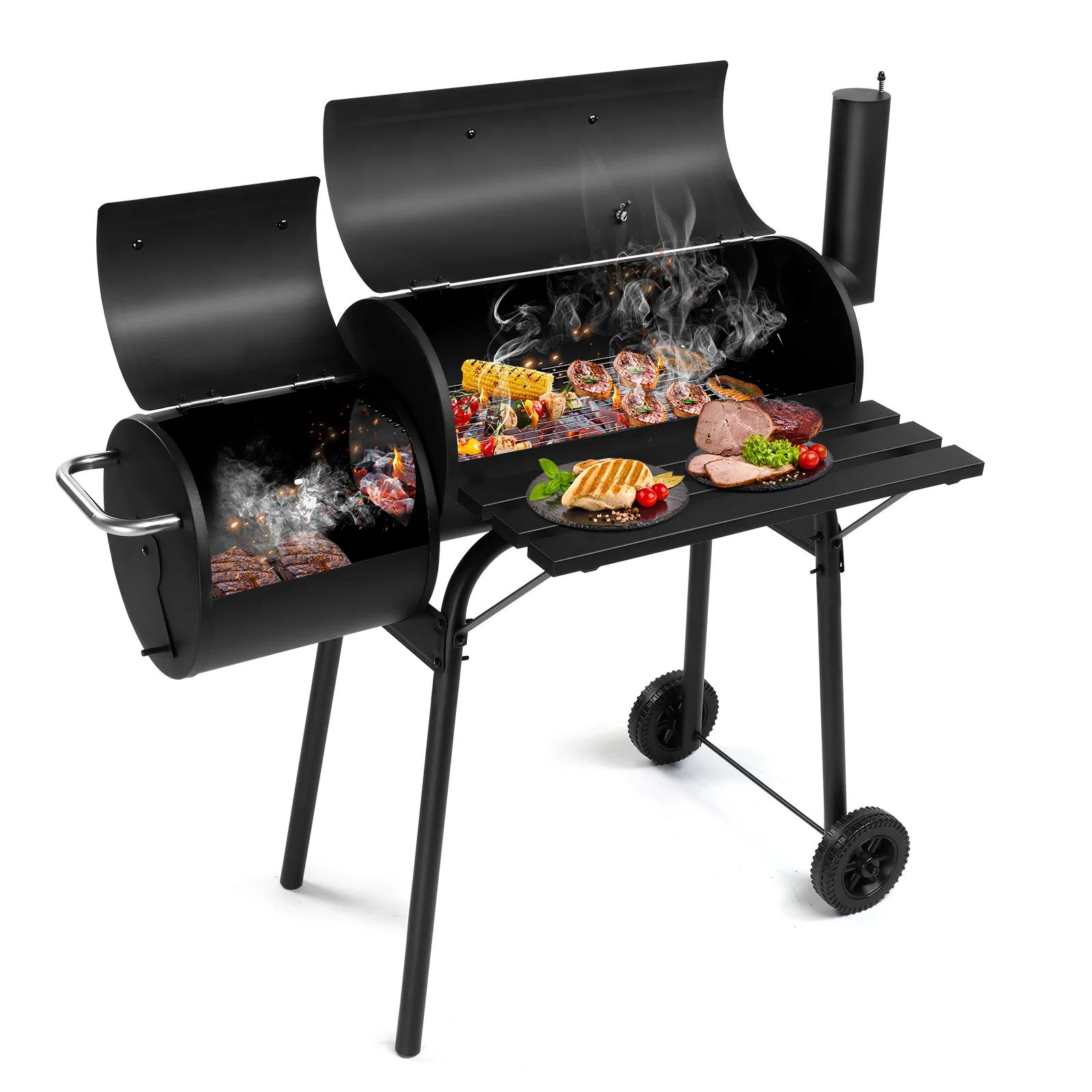 Barrel Charcoal Grill with Offset Smoker, All Metal Outdoor Smoker with Side Table and Wheels for Outdoor Garden Patio and Backyard Cooking photo 1