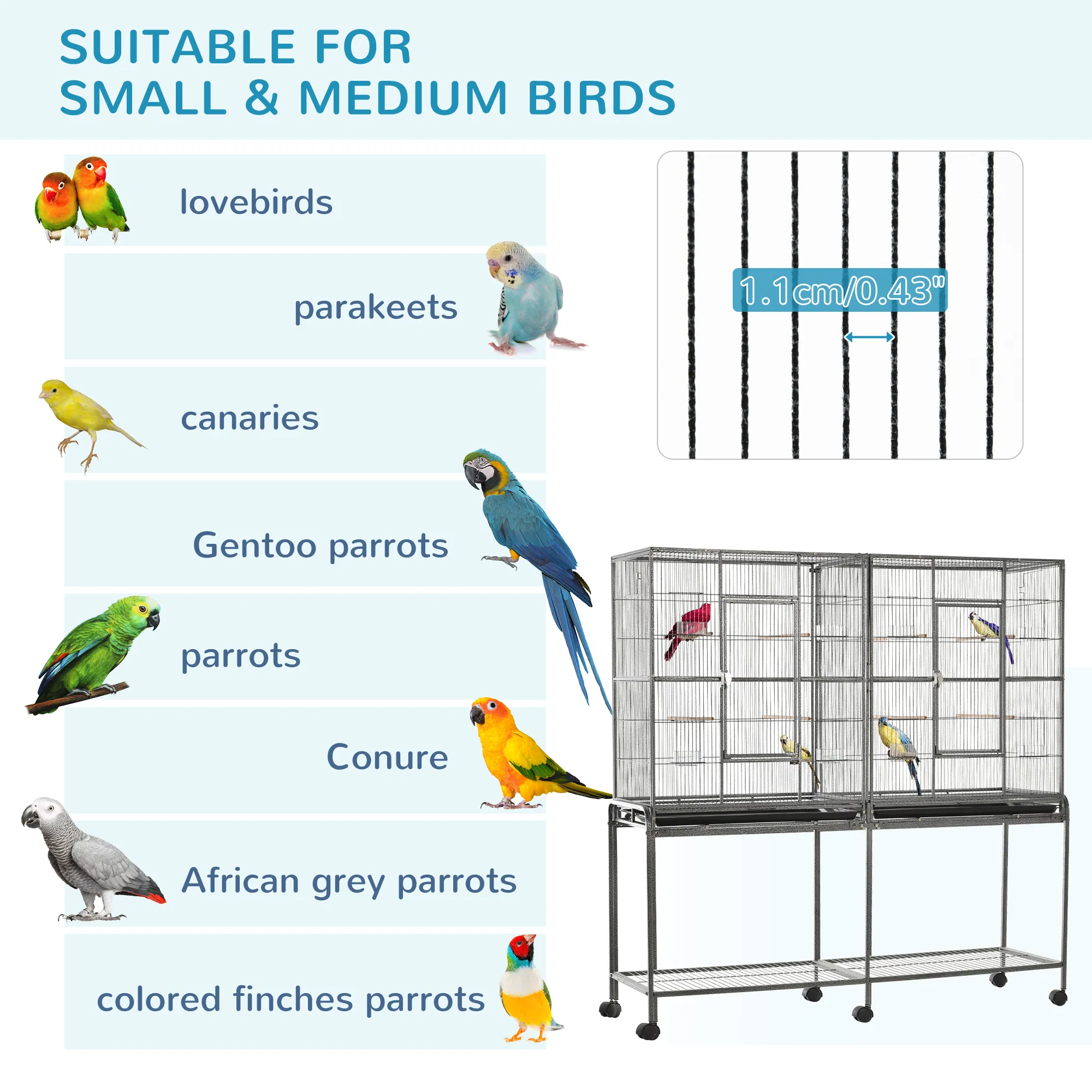 64" Extra Large Bird Cage, Rolling Metal Parrot Cage, Bird House with Detachable Rolling Stand, Storage Shelf, Wood Perch, Food Container, 62.8" x 18.9" x 64.2" photo 4