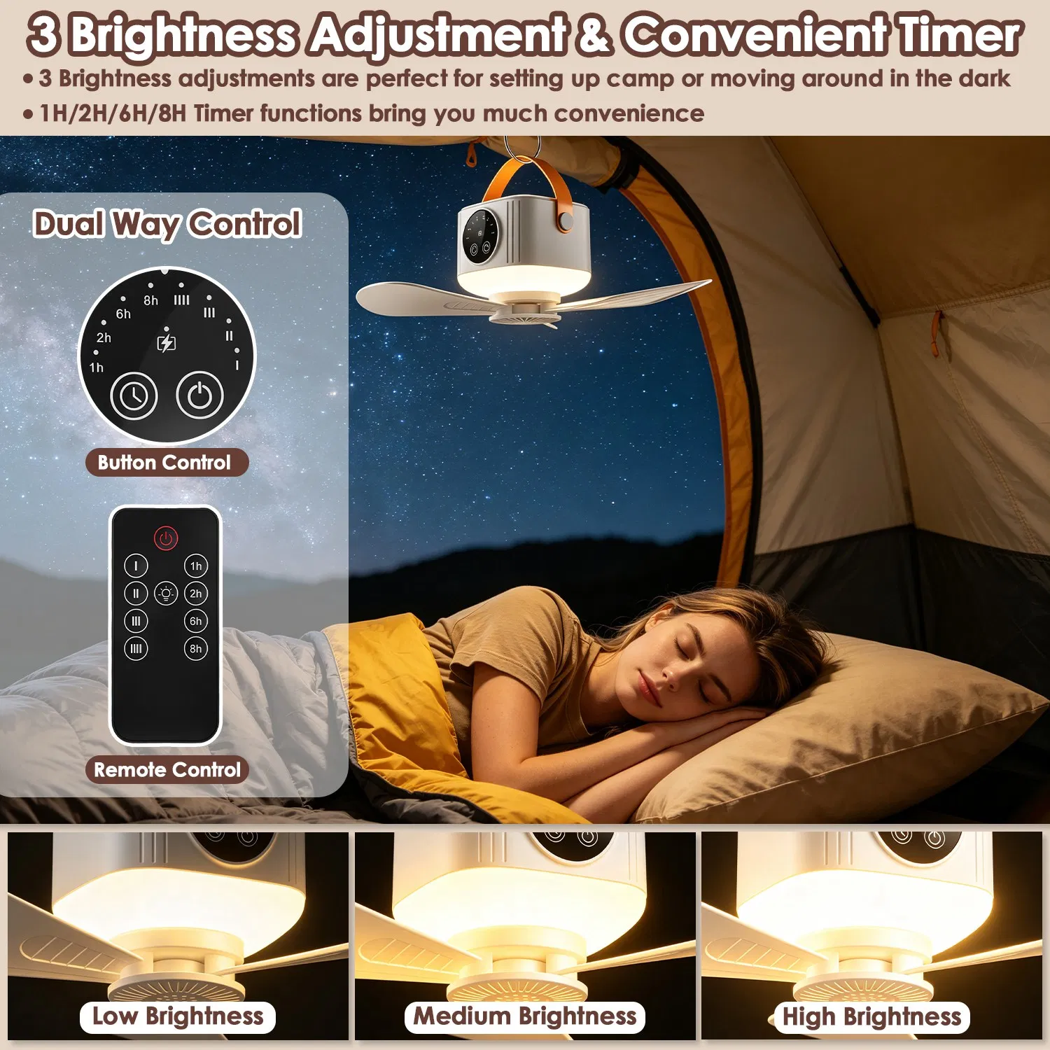 2 in 1 Rechargeable Camping Fan with Built-In LED Lantern Remote Control, 4 Wind Speeds 3 Light Brightness 1/2/6/8H Timer 7200mAh Battery Tripod Stand Hanging Hook Detachable Blades photo 6