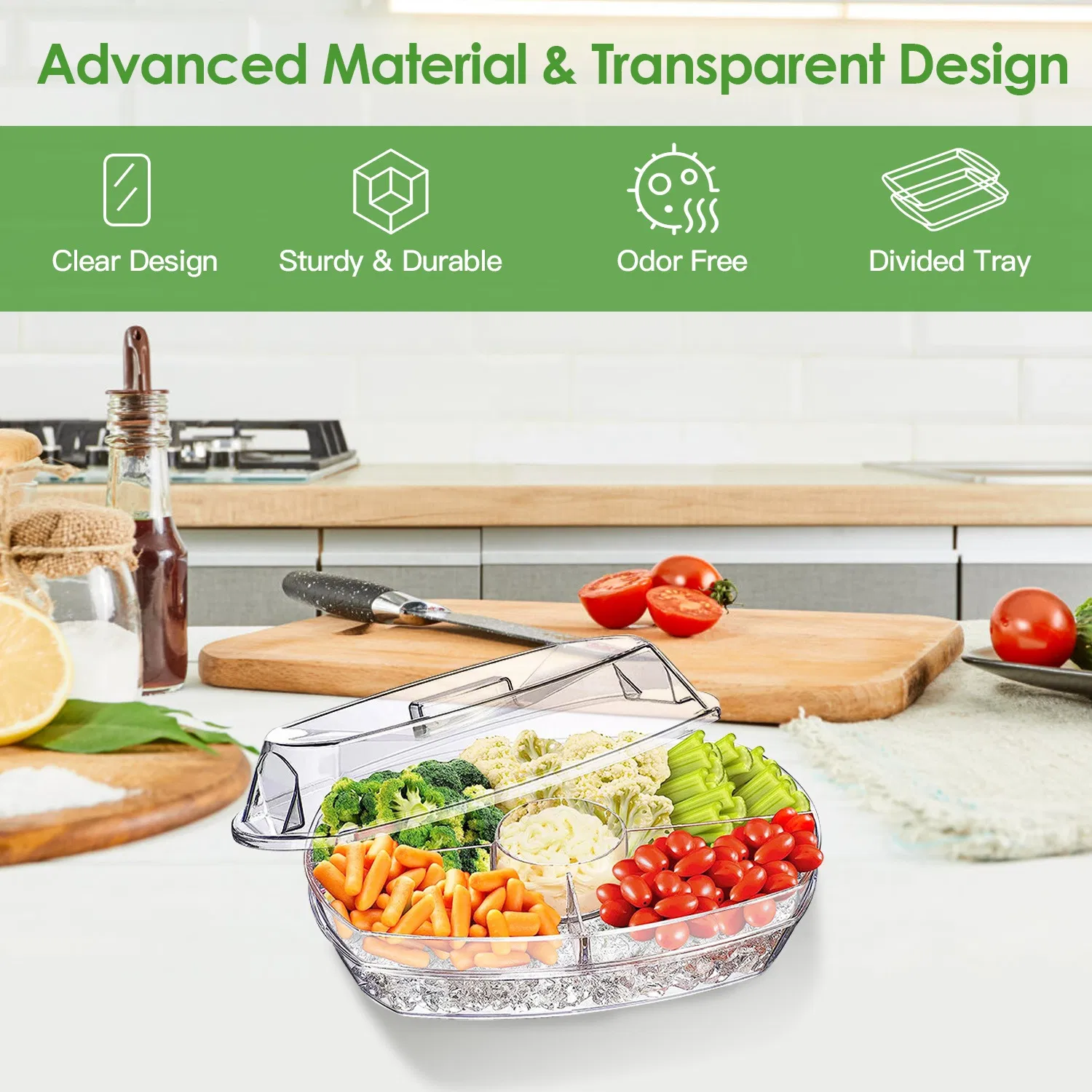 Fruit Ice Serving Tray Chilled Veggie Tray Shrimp Cocktail Serving Dish Appetizer Party Serving Platter Cold Food Buffet Server with Lid and 4 Compartments 3 Tongs 10 Sporks photo 2