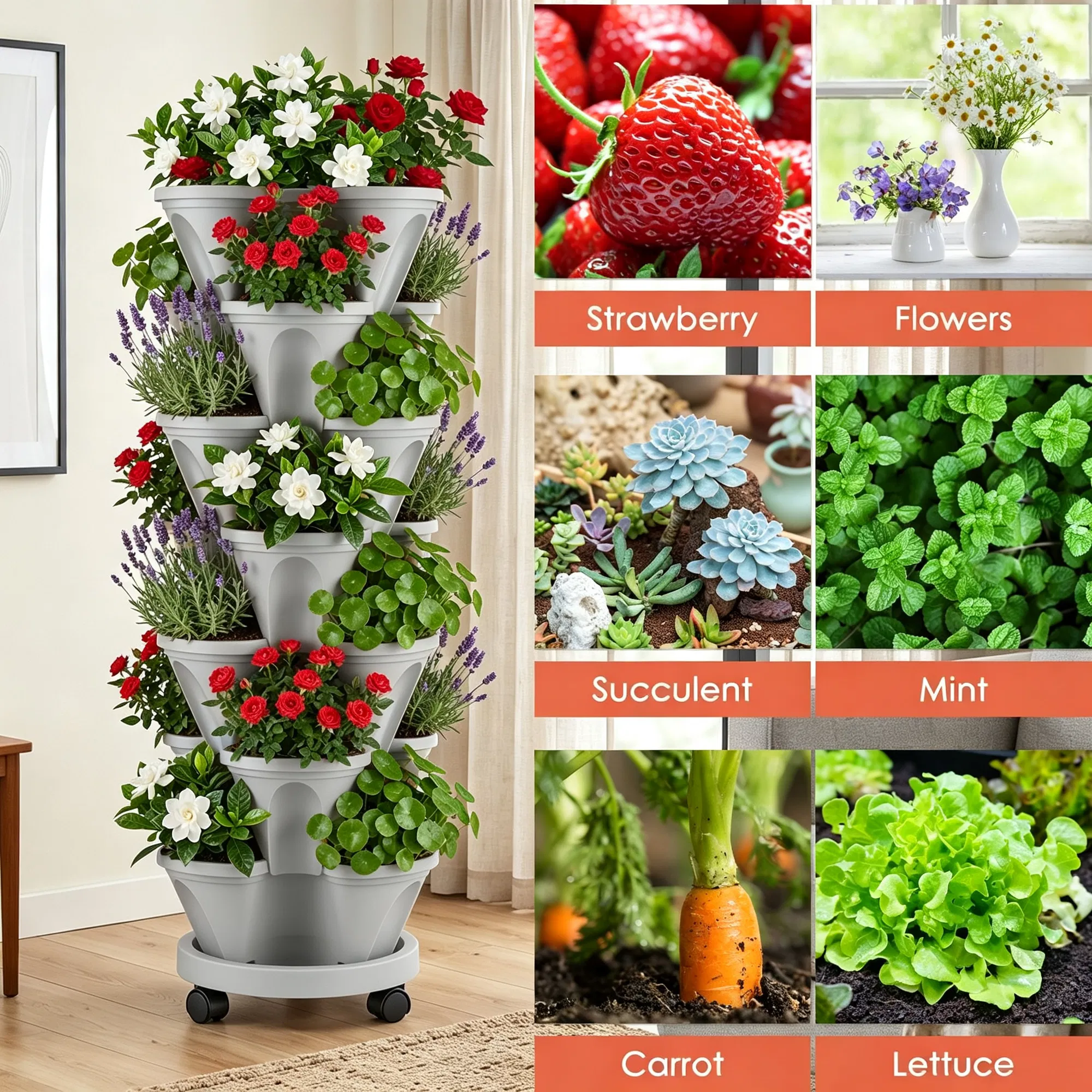 7-Tier Vertical Stackable Planter Tower with Casters, Space-Saving Stack-Up Garden Pots with Complete Tool Kit for Balcony, Deck, Indoor & Outdoor Gardening photo 7
