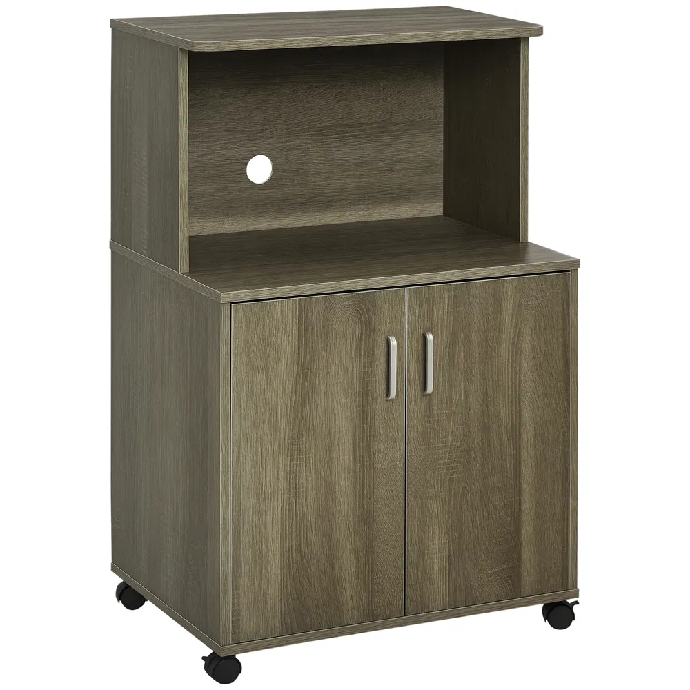 Microwave Cart on Wheels Utility Trolley Storage Sideboard Bookcase with 2-door Cabinet, Grey Wood Grain photo 7
