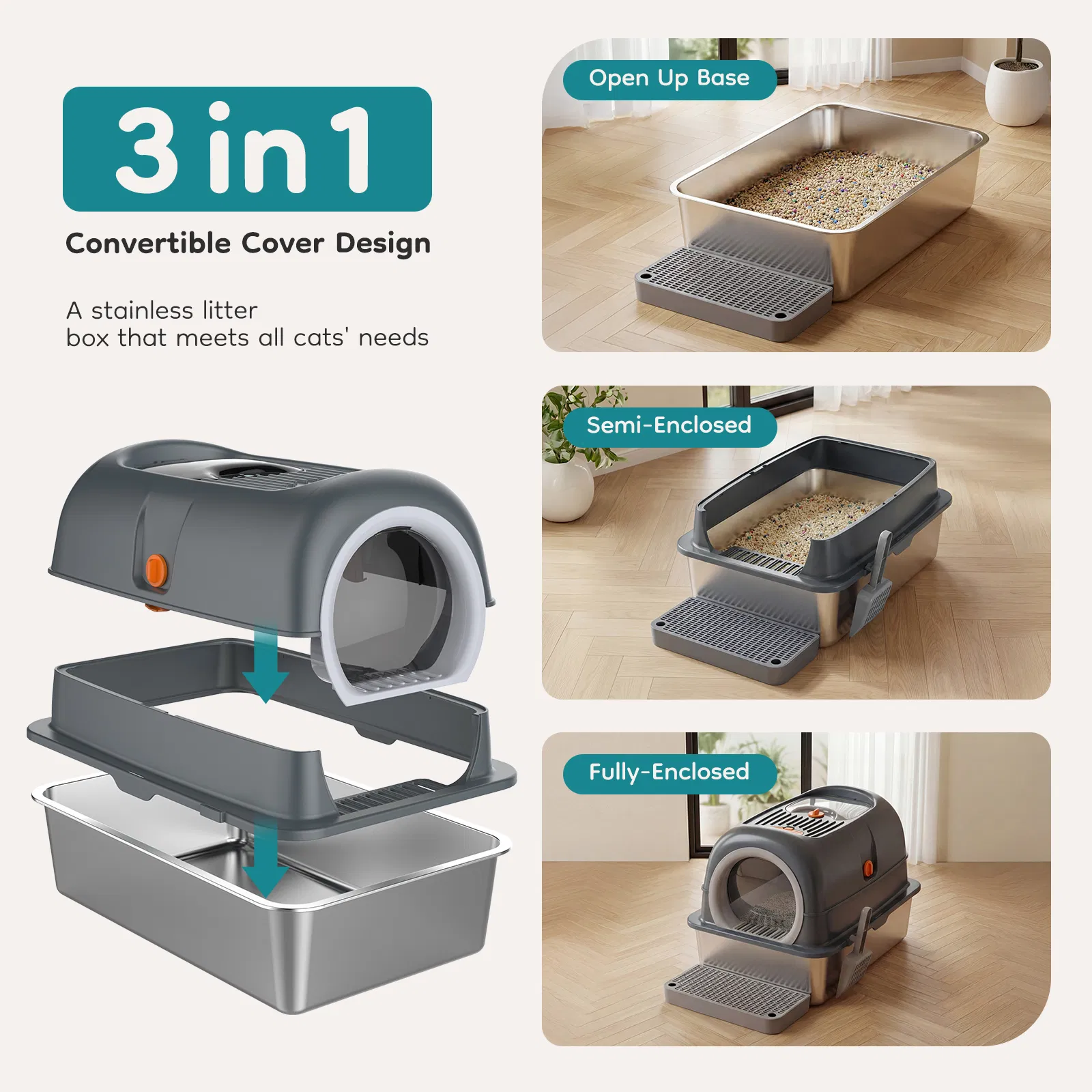 Double-entry convertible lid cat litter box photo 2