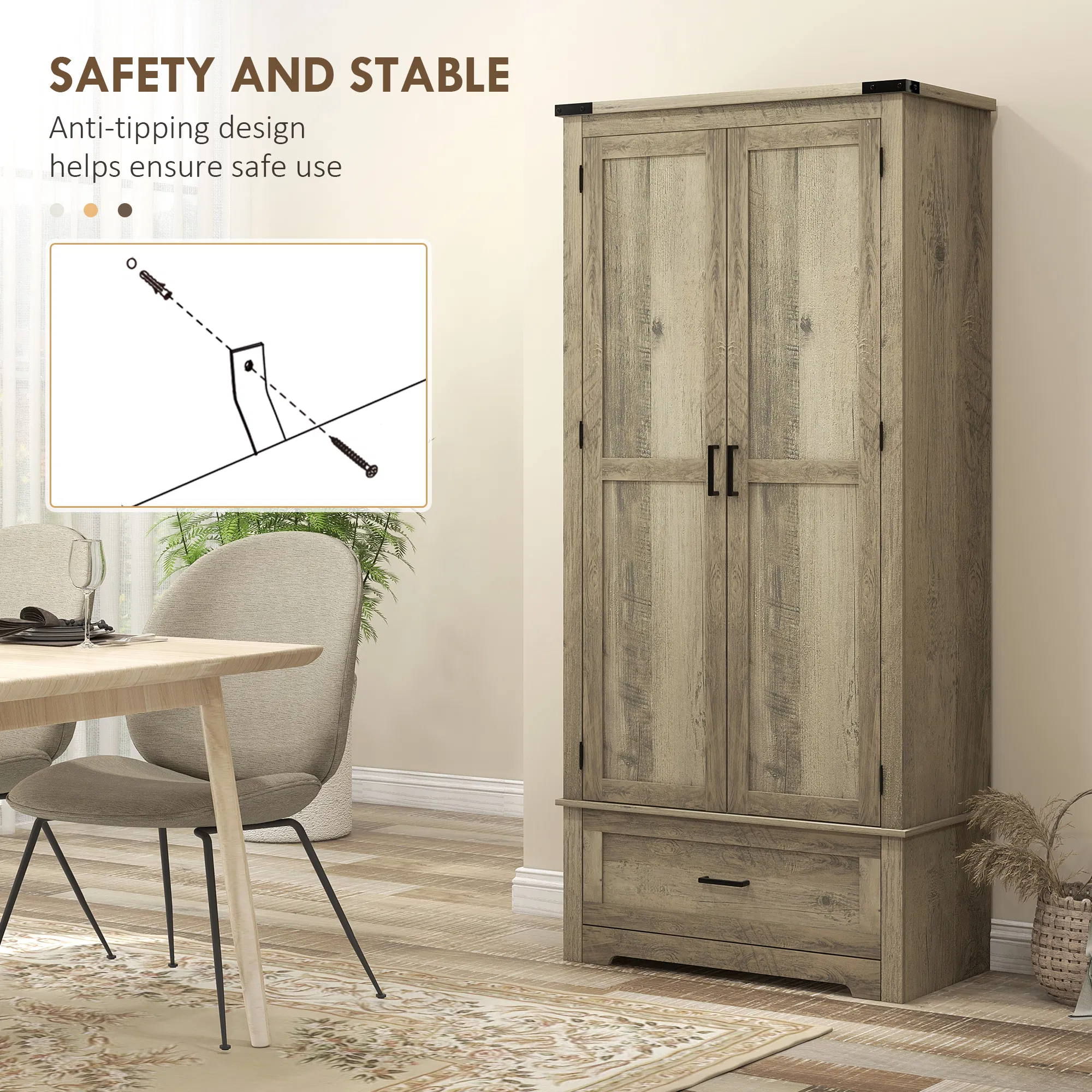 69" Tall Farmhouse Kitchen Pantry Cabinet with 2 Doors, Drawer and Adjustable Shelves, Grey photo 2