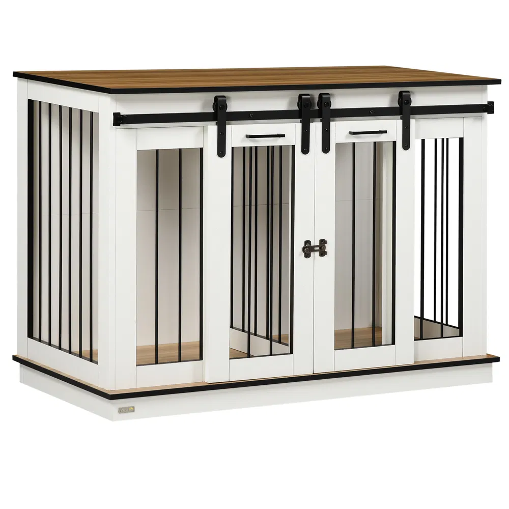 47in Dog Crate Furniture with Divider Panel, Wooden Dog Kennel TV Stand for Large Breeds, Pet House Side Table for 2 Small Breeds with 2 Rooms Design, 2 Sliding Doors, White photo 7