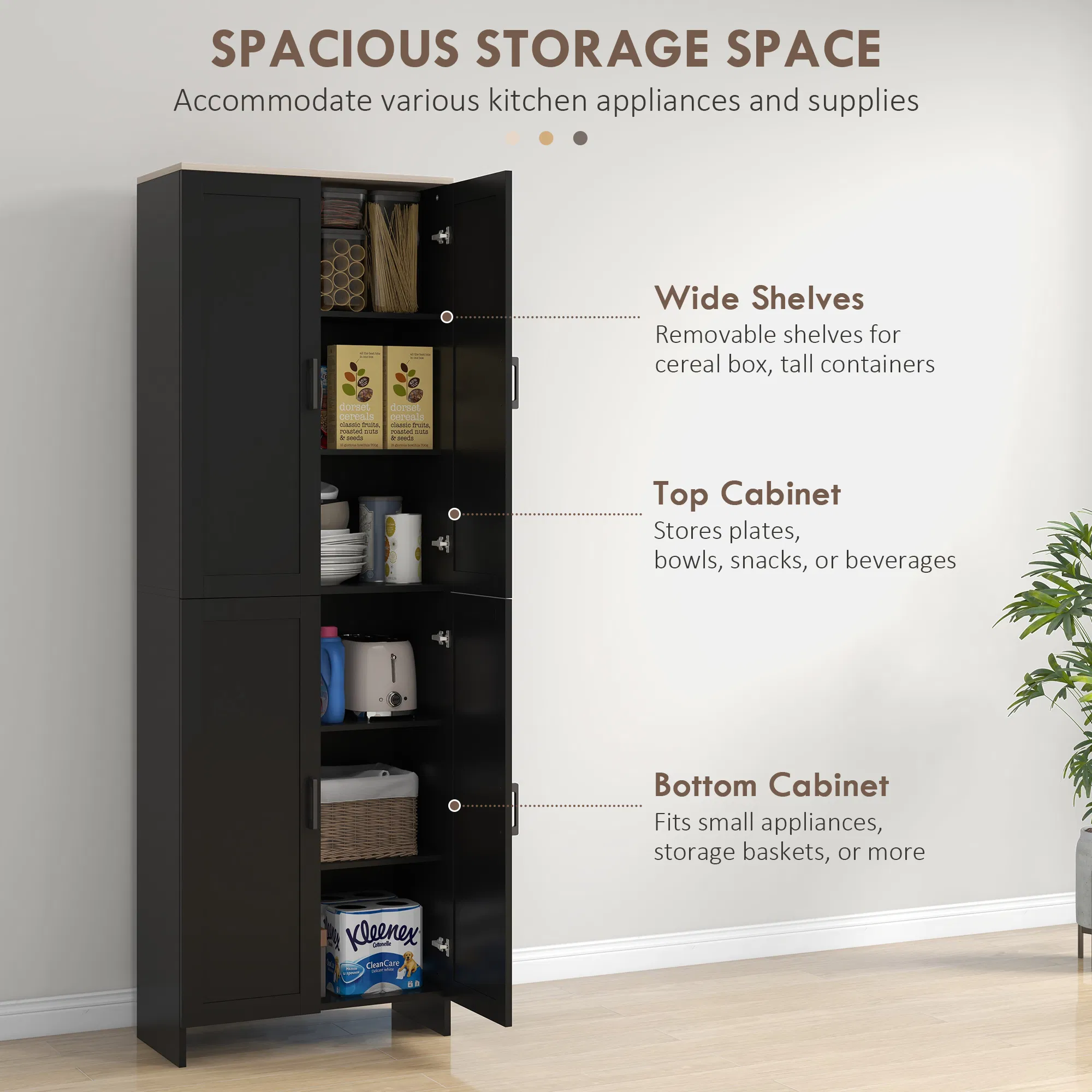 67" 4-Door Kitchen Pantry Cabinet, Freestanding Storage Cabinet Cupboard with Adjustable Shelves, Black photo 2