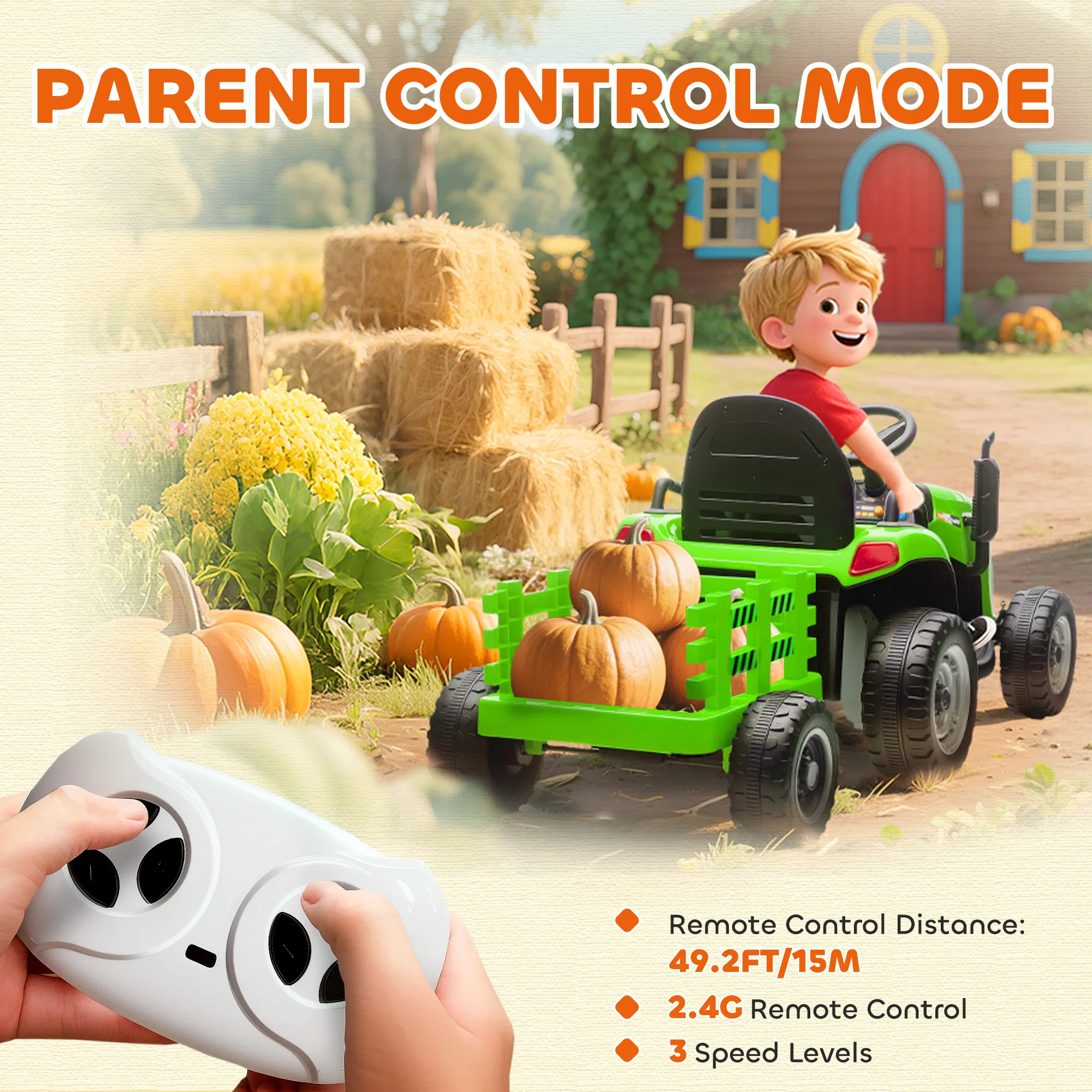 12V Kids Ride On Tractor with Trailor, Remote Control, Music, Lights, Shifter, for Kids Ages 3-8 Years, Green photo 3
