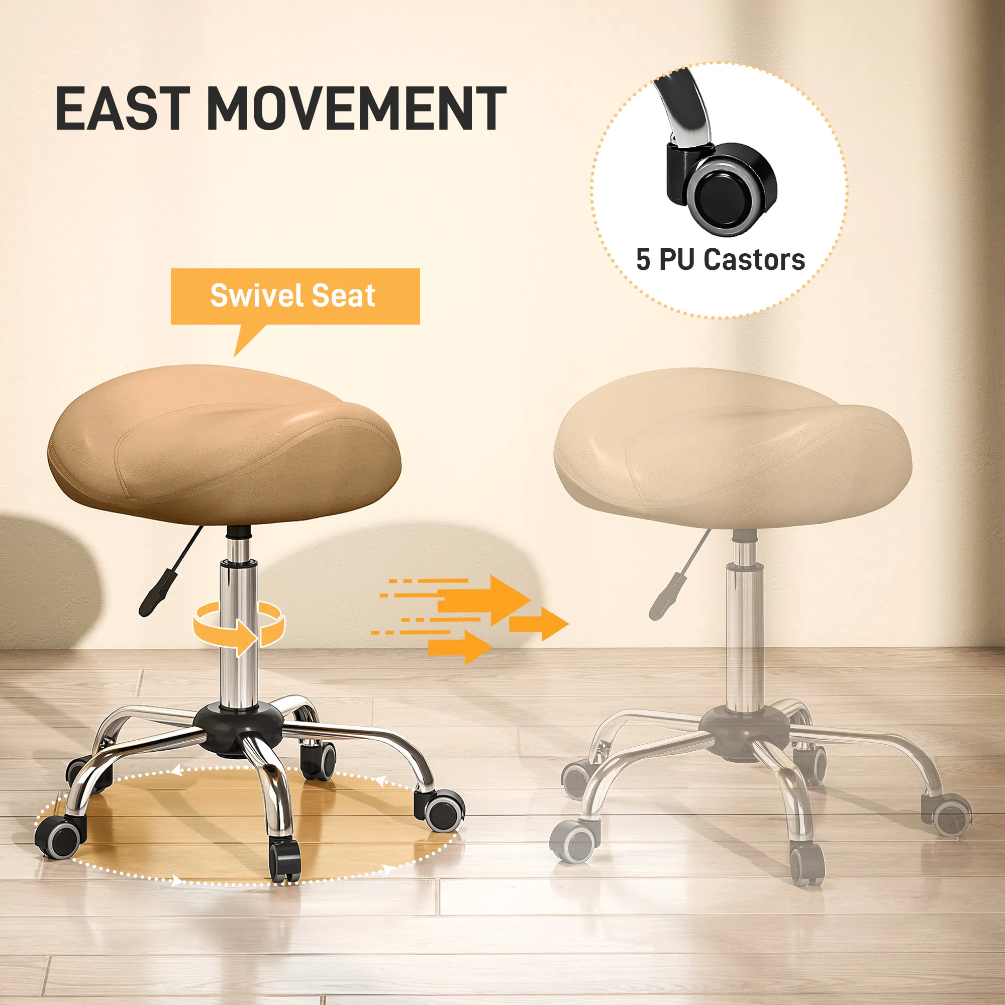 Saddle Stool, Height Adjustable Rolling Salon Chair with PU Leather for Massage, Spa, Clinic, Beauty and Tattoo, Brown photo 6