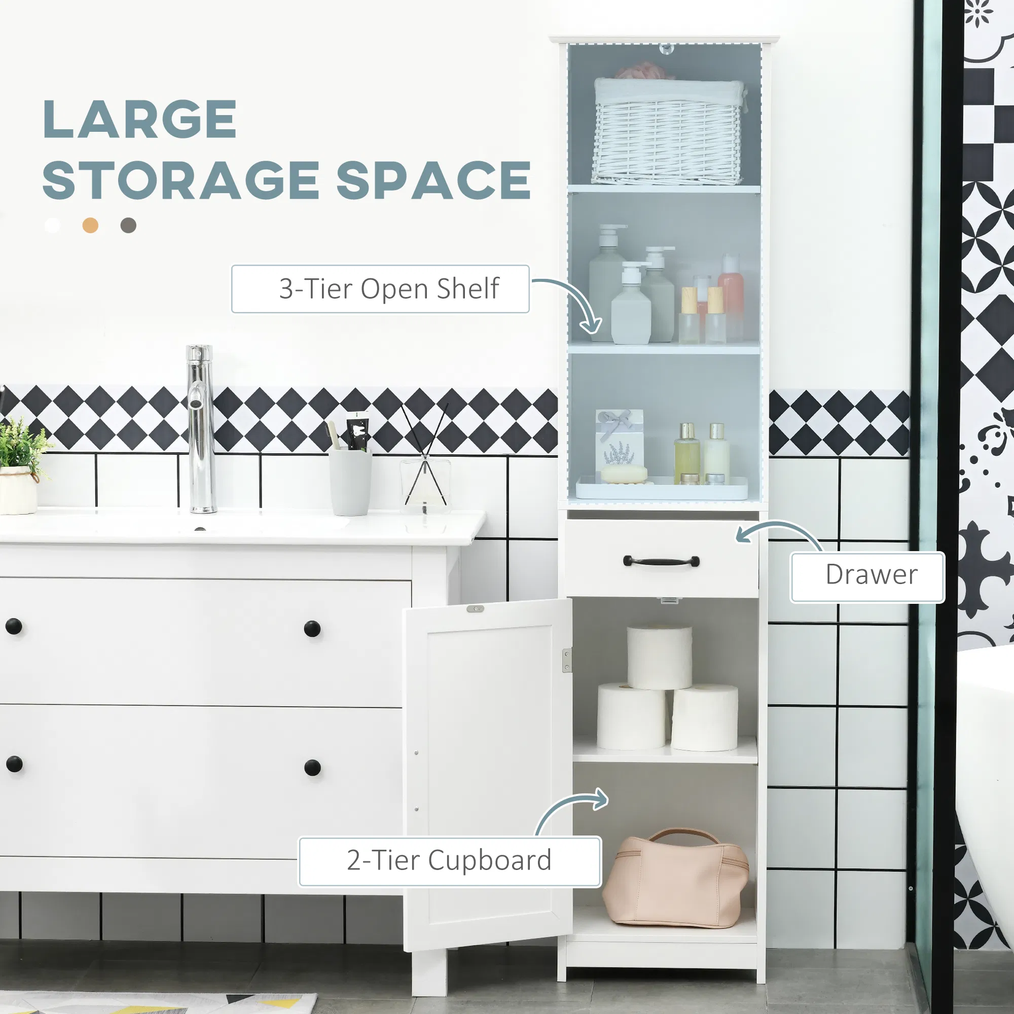 Modern Bathroom Cabinet, Narrow Bathroom Vanities with 3 Open Shelves, Drawer and Adjustable Shelf, White photo 5
