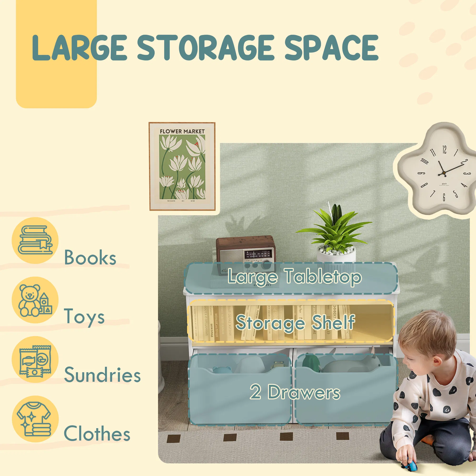 Kids Bookshelf with 2 Drawers, Large Tabletop, Shelf, for Nursery, Kids Room, Bedroom, Living Room, White photo 3