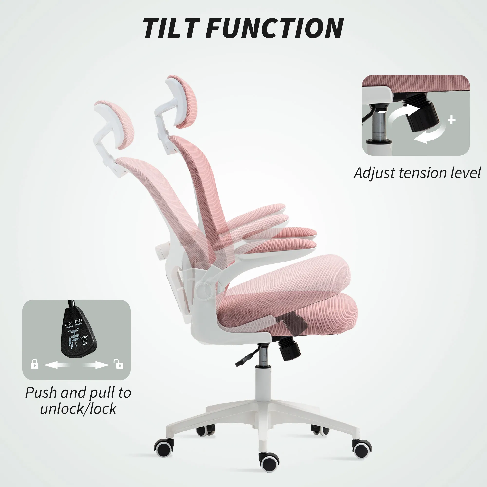 Office Chair, Mesh Computer Desk Chair with Adjustable Headrest, 4D Lumbar Support, Flip-up Arm, Pink photo 4