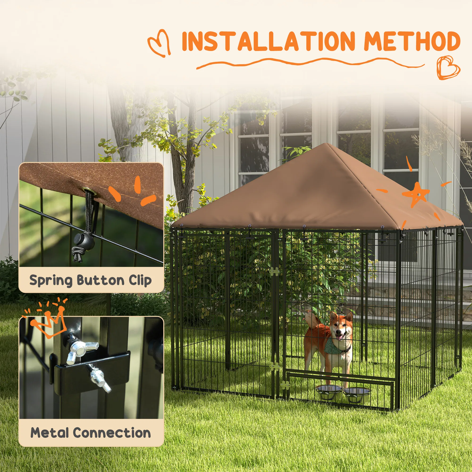 4.6' x 4.6' x 5' Outdoor Dog Kennel with Canopy, Rotating Bowls, Coffee photo 4