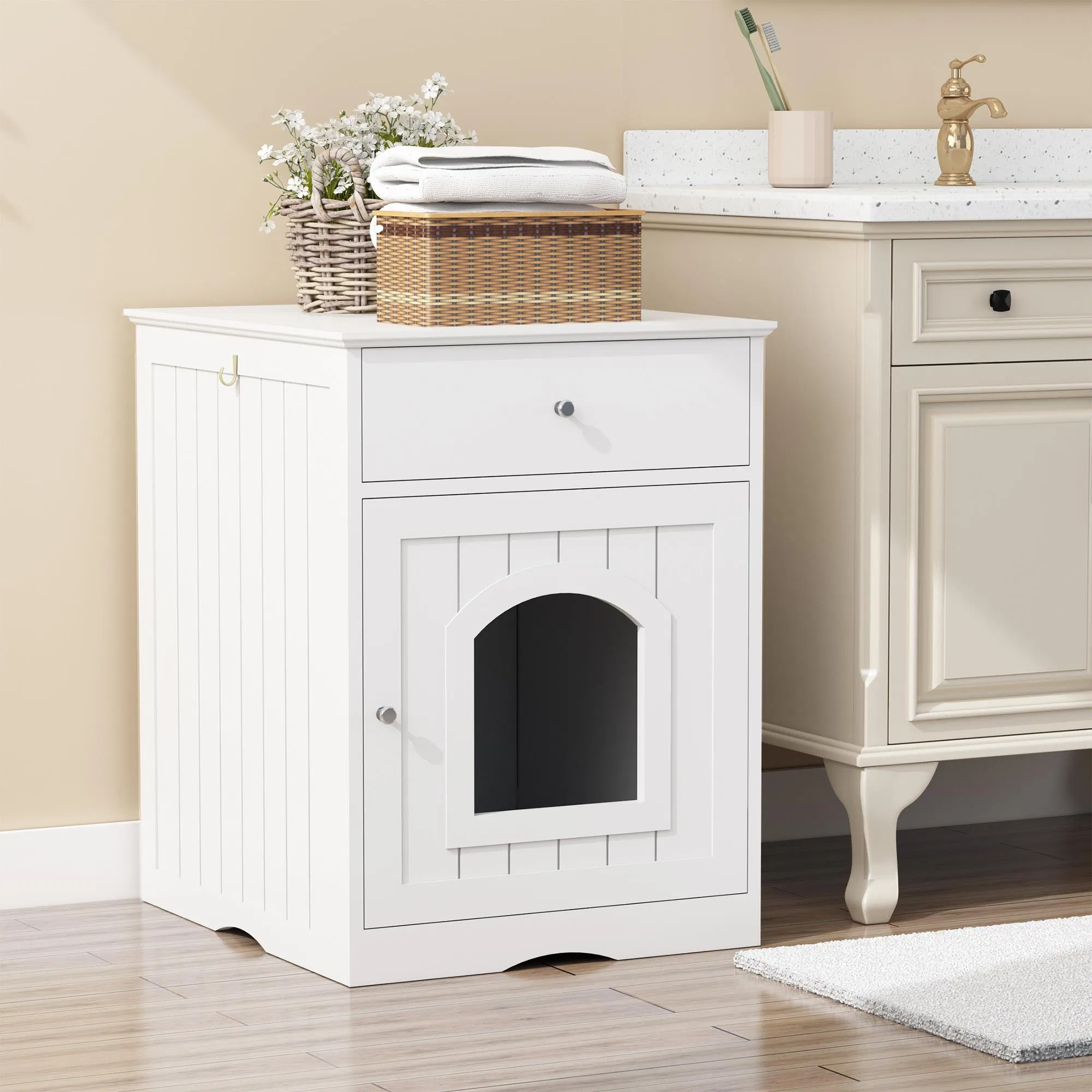 Wooden Pet House Cat Litter Box Enclosure with Drawer, Side Table, Indoor Pet Crate, Cat Home Nightstand (White) photo 4